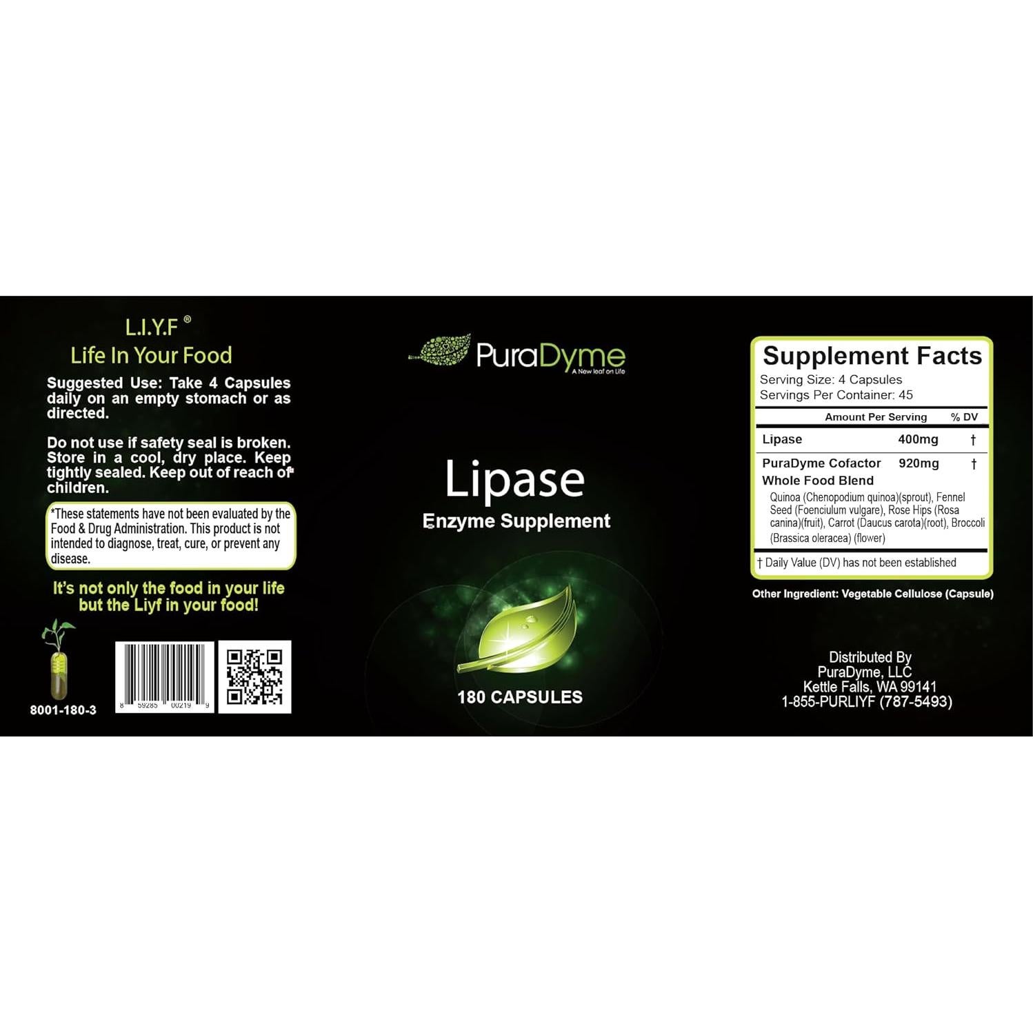 Lipasa Enzima Digestiva PuraDyme 180 Cápsulas 117g