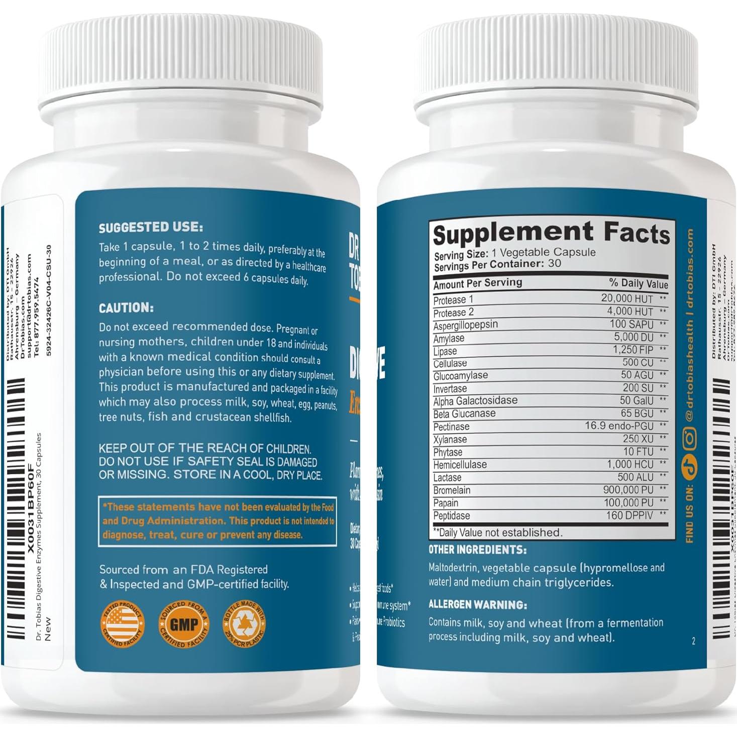 Suplemento Digestivo Dr. Tobias con 18 Enzimas - 30 Cápsulas