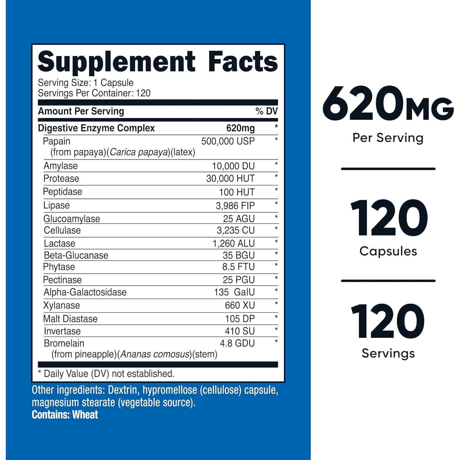 Enzimas Digestivas Nutricost 620mg - 120 Cápsulas Suplemento