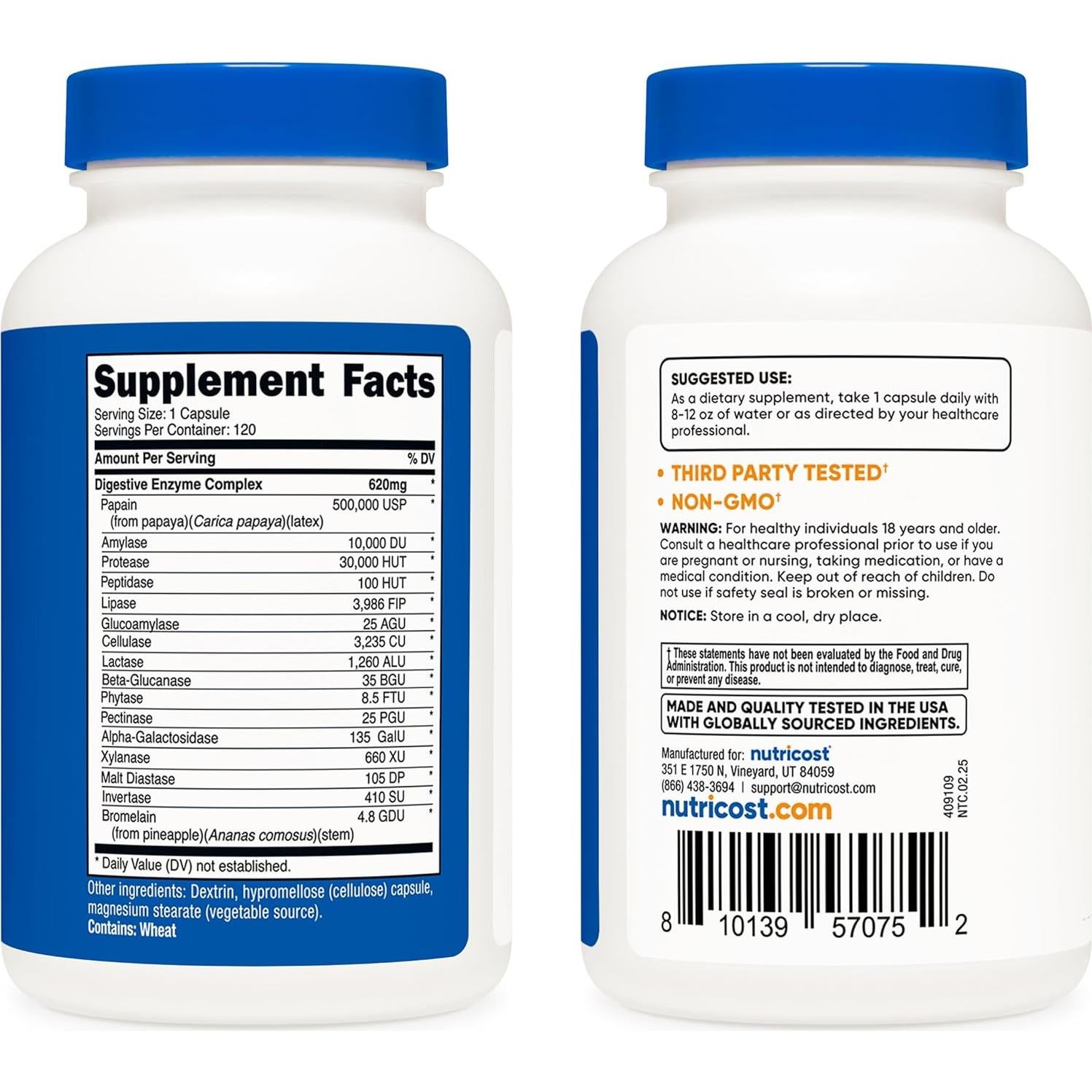 Enzimas Digestivas Nutricost 620mg - 120 Cápsulas Suplemento