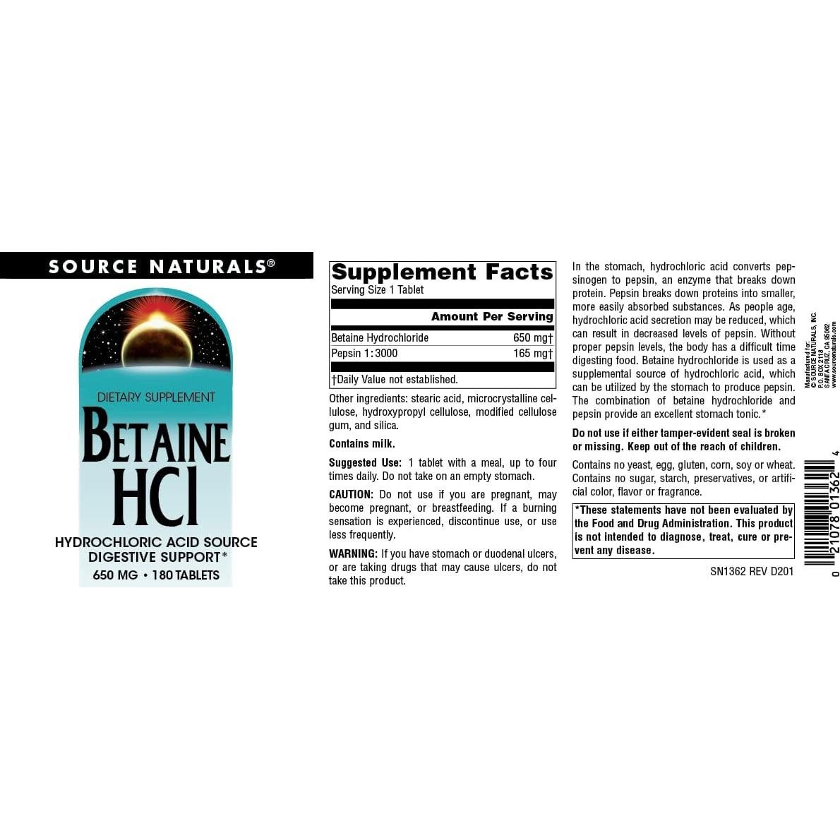 Betaína HCl Source Naturals 650 mg - 180 Tabletas Digestivas