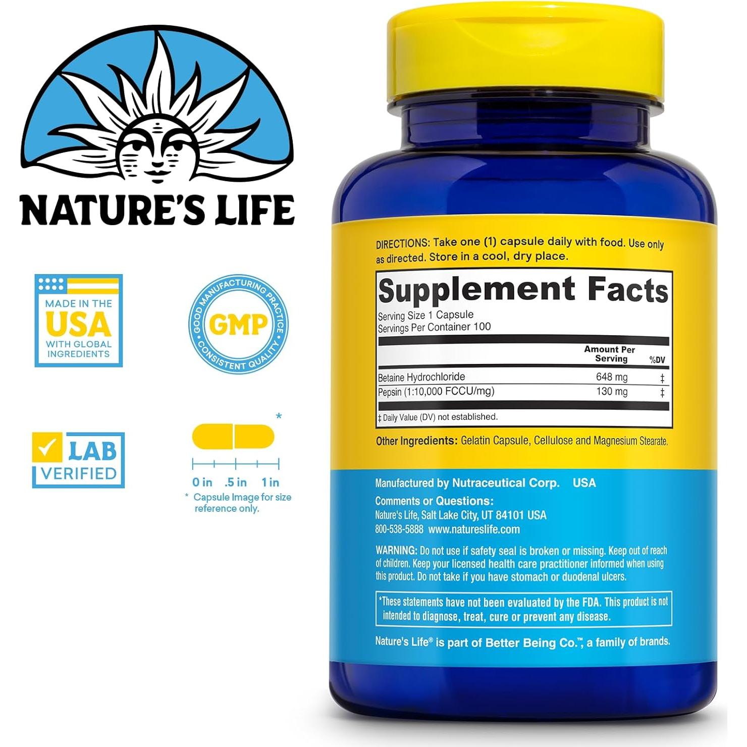 Betaína HCL con Pepsina Naturaleza Vida - 100 Cápsulas