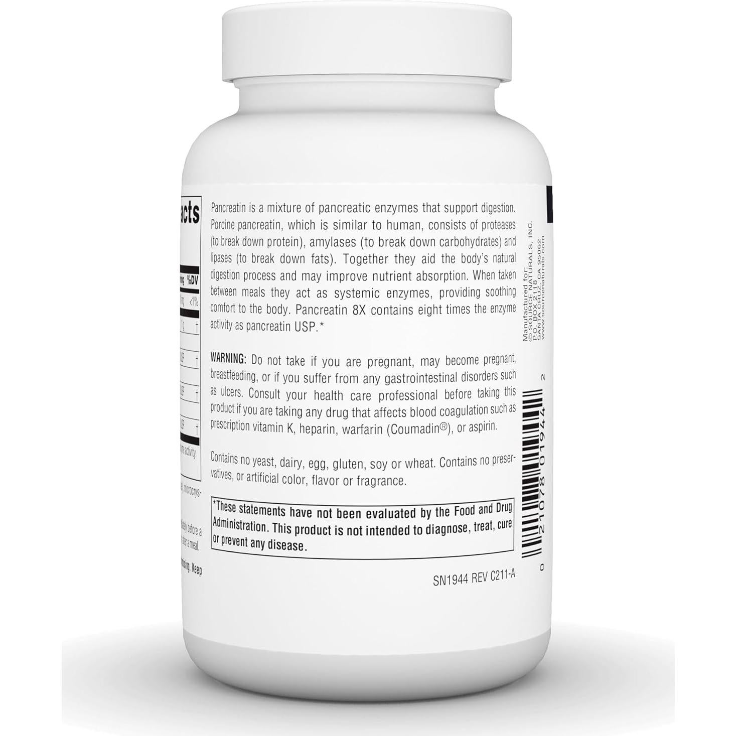 Pancreatina 8X Source Naturals 500 mg 100 Cápsulas Digestivas