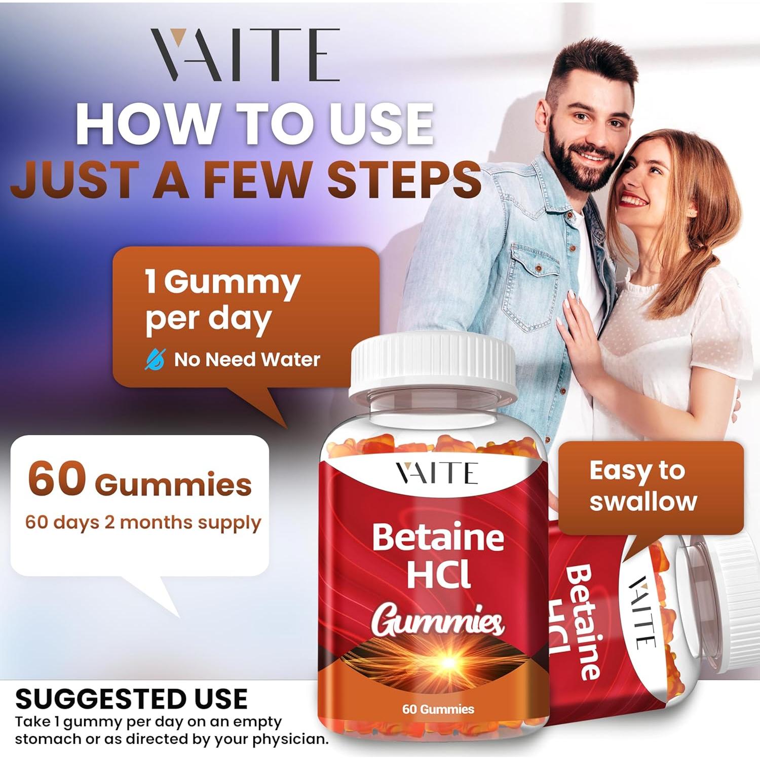 Suplemento Digestivo Betaína HCL 1000 mg VAITE - 60 Gominolas