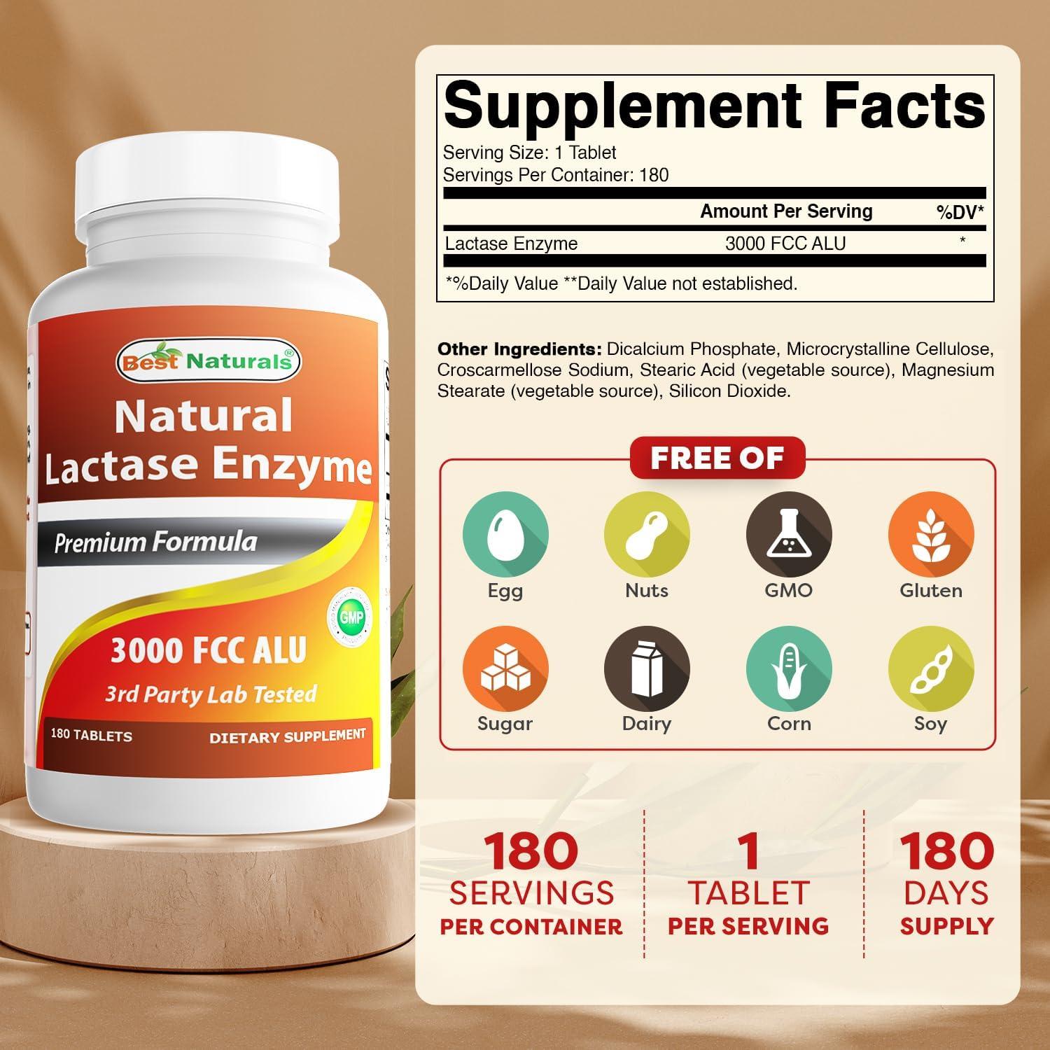 Tabletas de Enzima Lactasa Naturales Best Nutritionals 180 Unidades