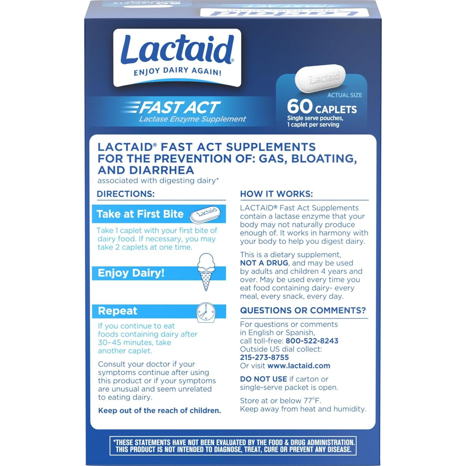 Lactaid Acción Rápida 60 Tabletas Alivio Intolerancia Lactosa