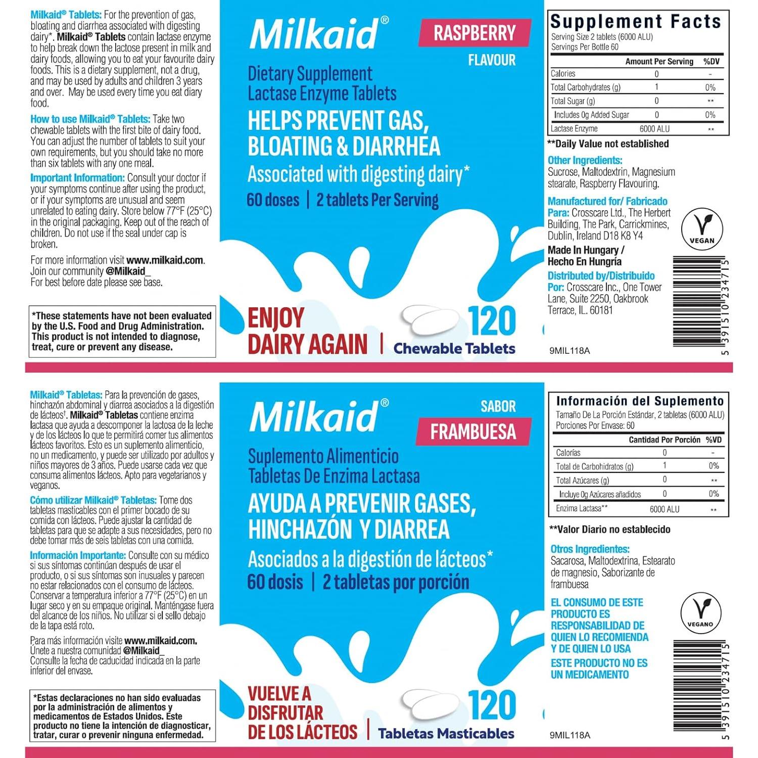 Tabletas Masticables Milkaid 120 Unidades Sabor Frambuesa