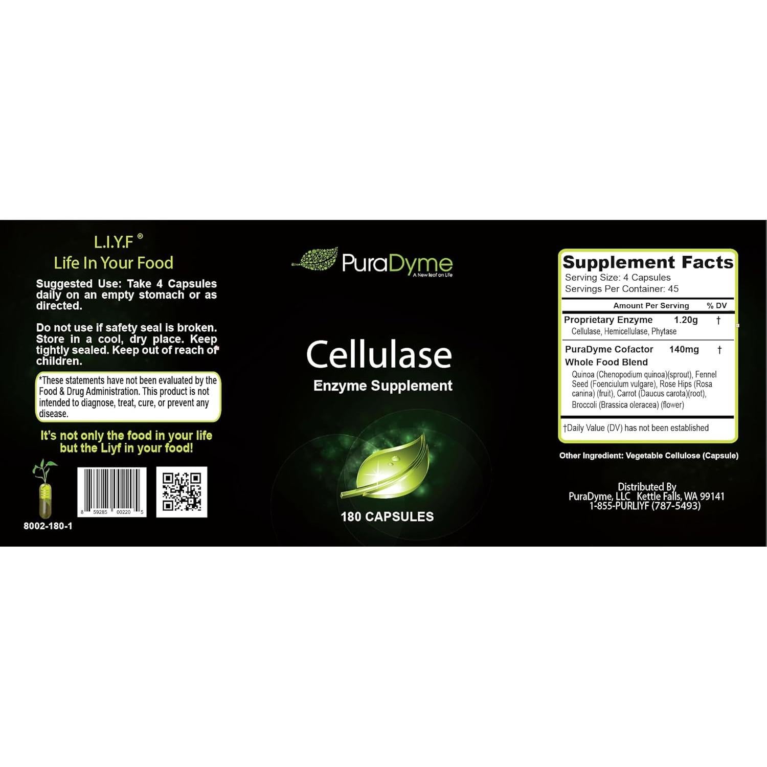 Suplemento Enzima Celulasa PuraDyme 180 Cápsulas Digestivas