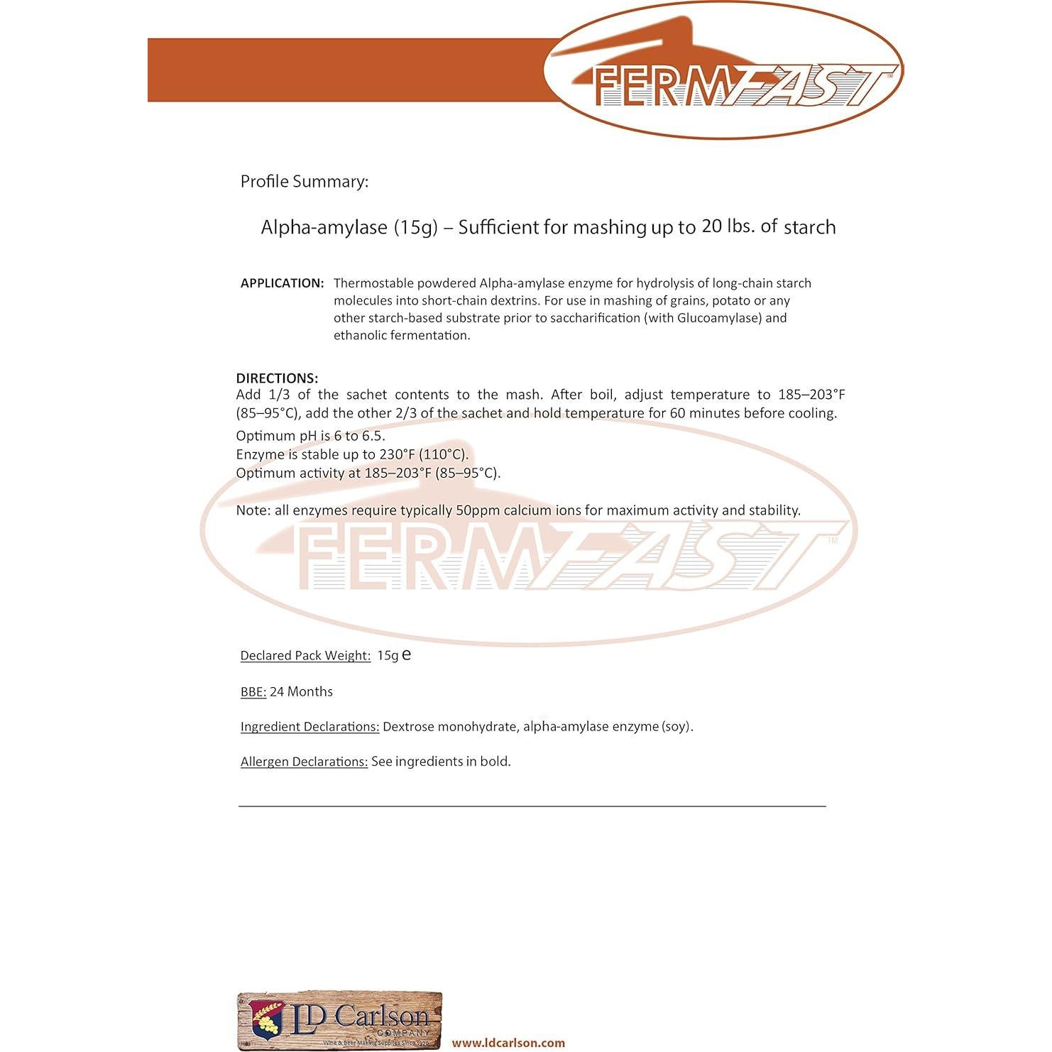 Enzima Alfa Amilasa LD Carlson 15g - Dosis Única para Fermentación
