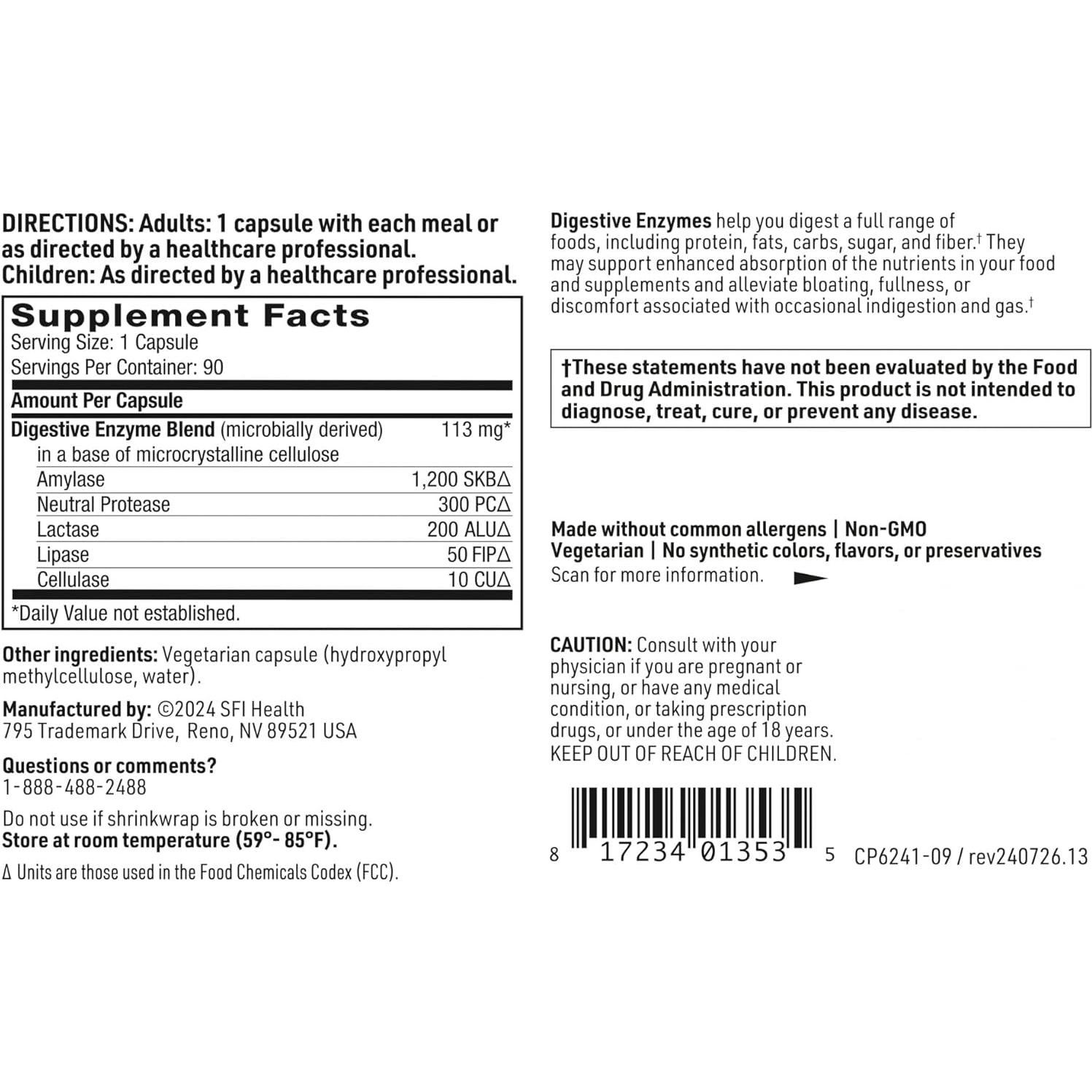 Enzimas Digestivas SFI Health - 90 Cápsulas Vegetarianas