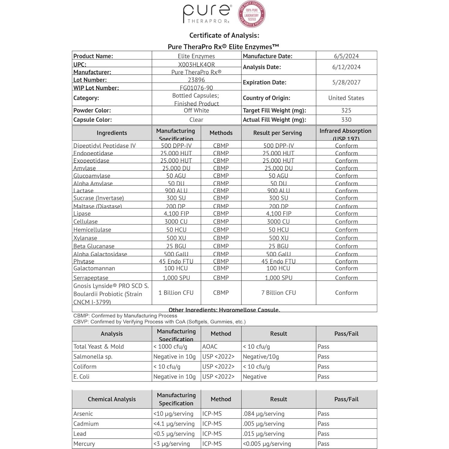 Suplemento Enzimas Digestivas Veganas Pure TheraPro Rx 90 Cápsulas