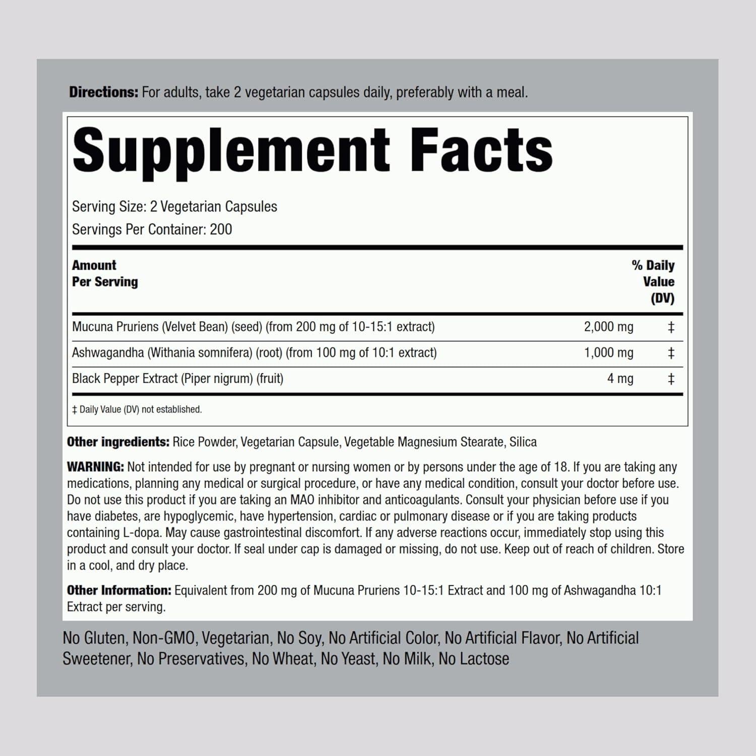 Suplemento Mucuna Ashwagandha Piping Rock 3000mg 200 Cápsulas