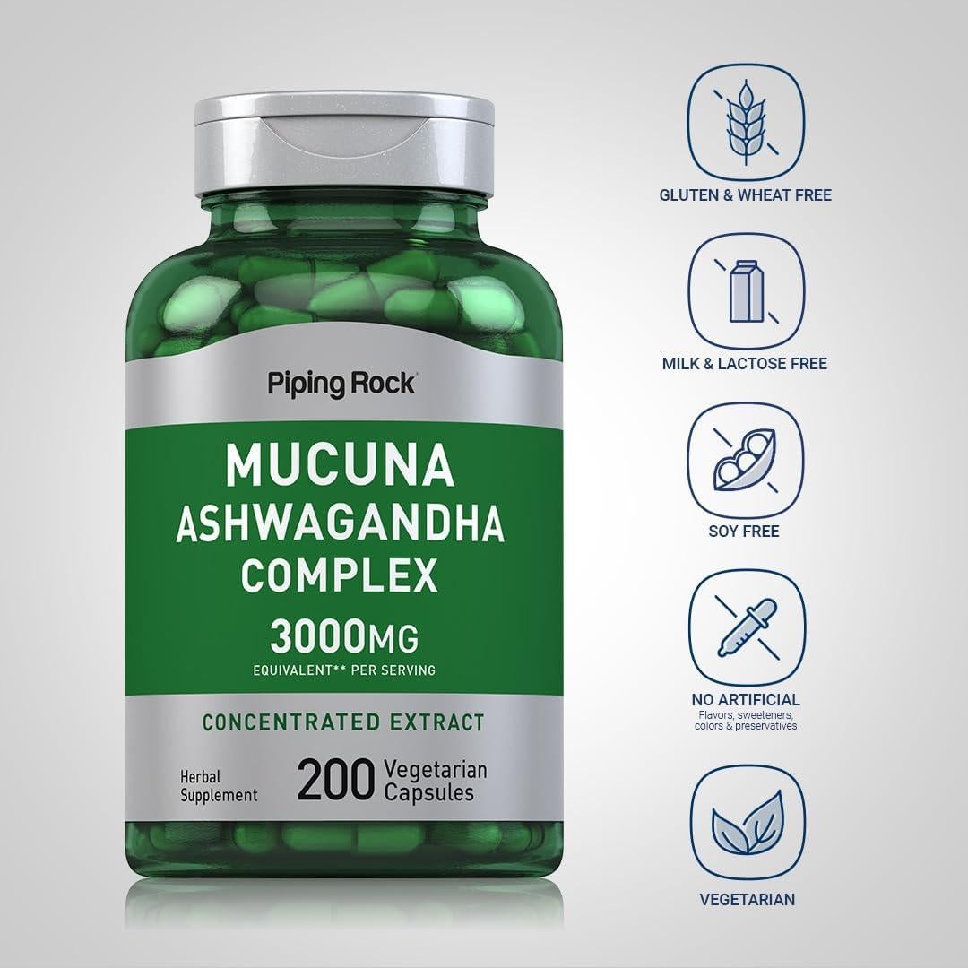 Suplemento Mucuna Ashwagandha Piping Rock 3000mg 200 Cápsulas