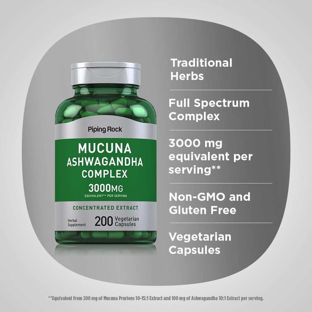 Suplemento Mucuna Ashwagandha Piping Rock 3000mg 200 Cápsulas