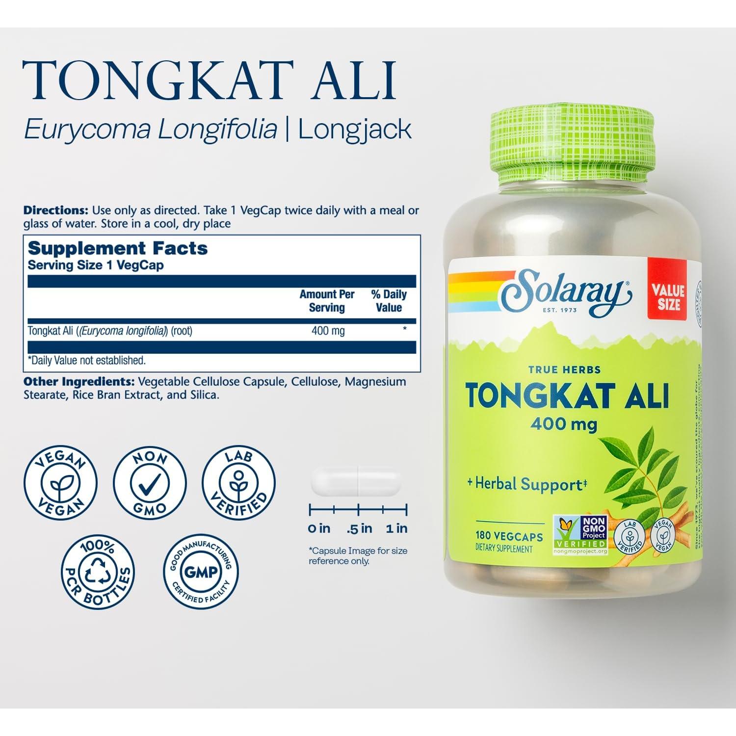 Solaray Tongkat Ali 400 mg - Suplemento Herbal para Hombres - 180 VegCaps