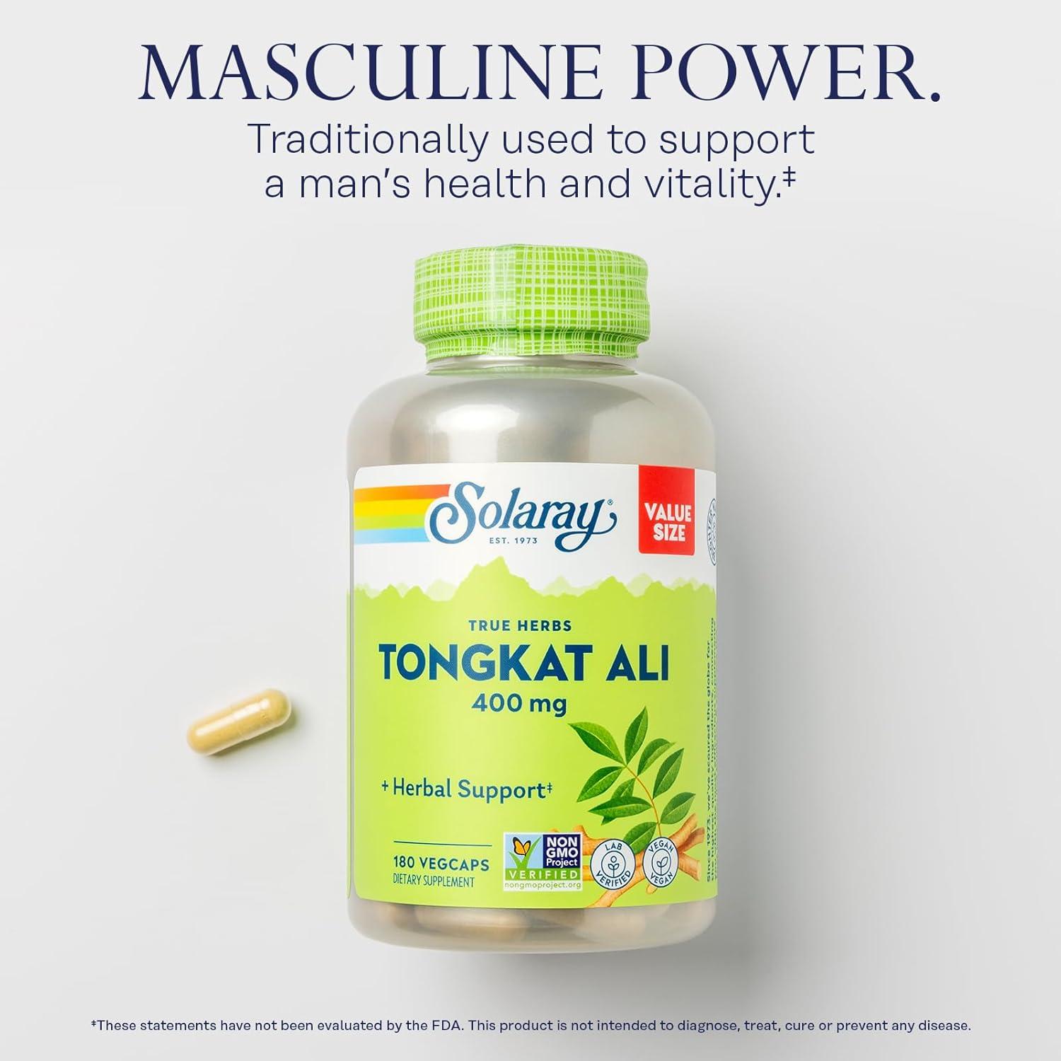 Solaray Tongkat Ali 400 mg - Suplemento Herbal para Hombres - 180 VegCaps