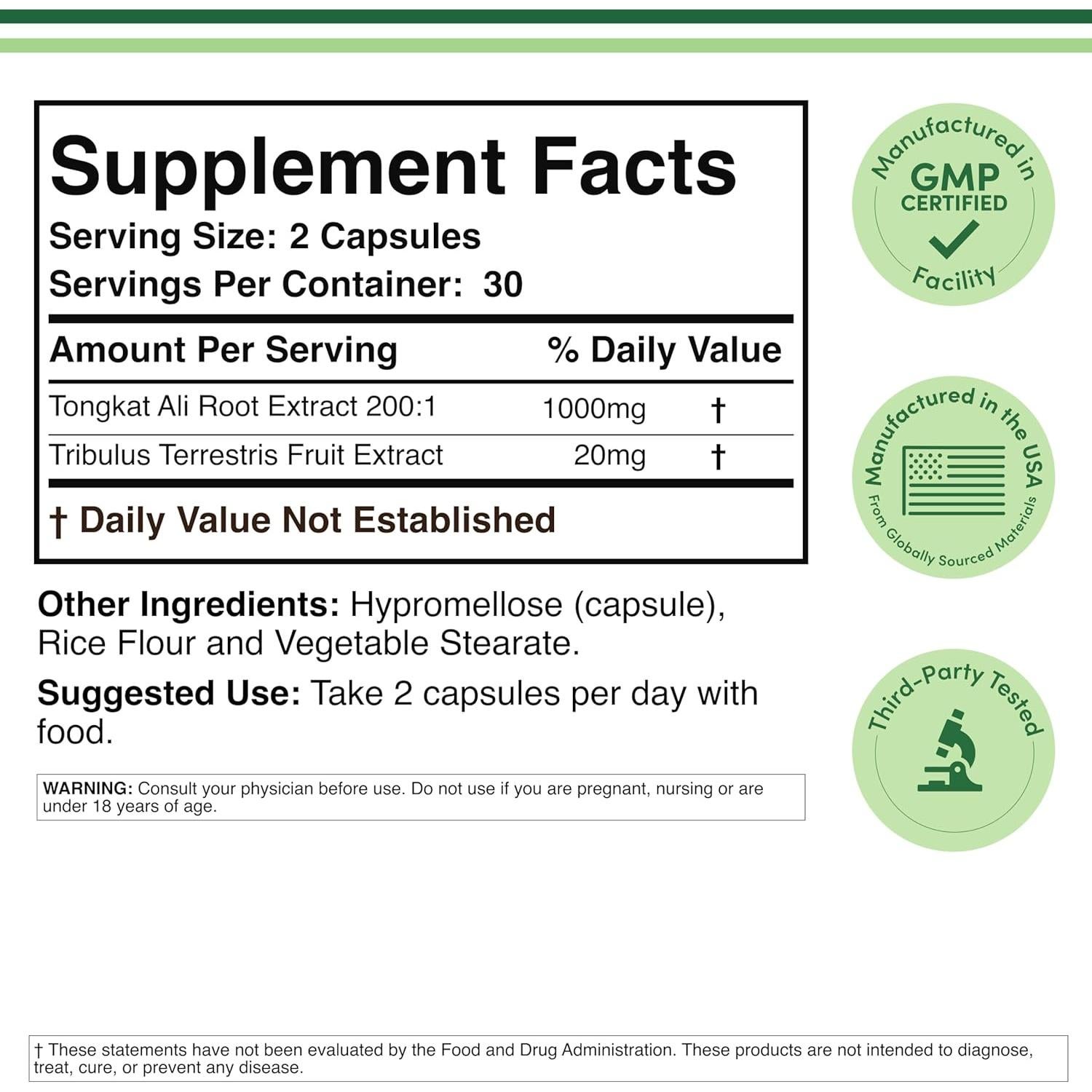 Extracto de Tongkat Ali 1000mg + Tribulus 20mg - 60 Cápsulas Double Wood