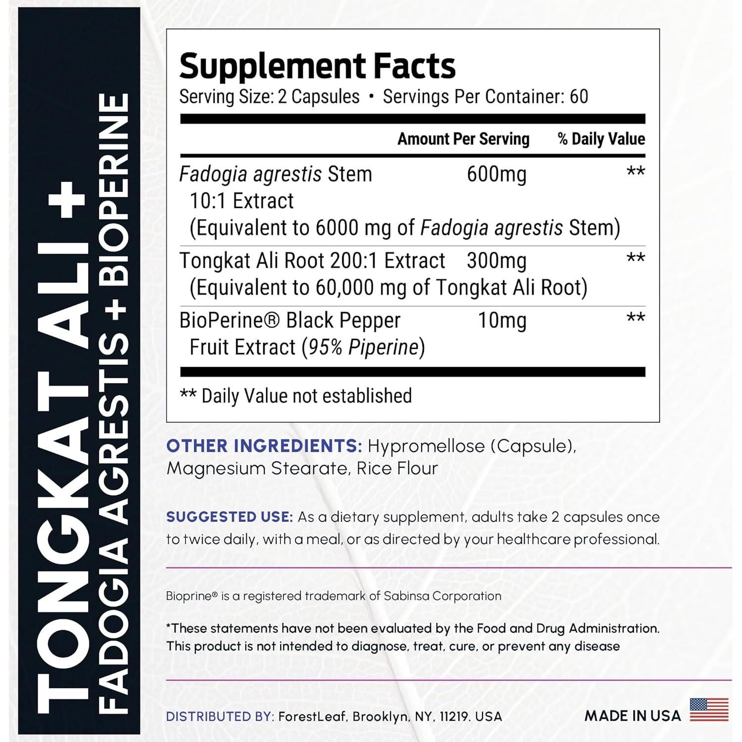 Suplemento Tongkat Ali y Fadogia Agrestis ForestLeaf 120 Cápsulas