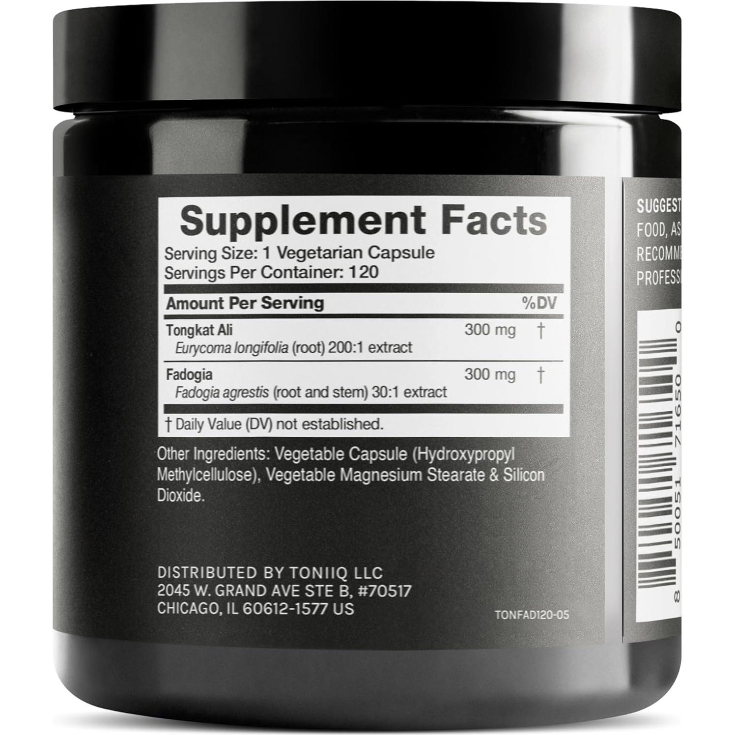 Suplemento Tongkat Ali y Fadogia Agrestis Toniiq 120 Cápsulas