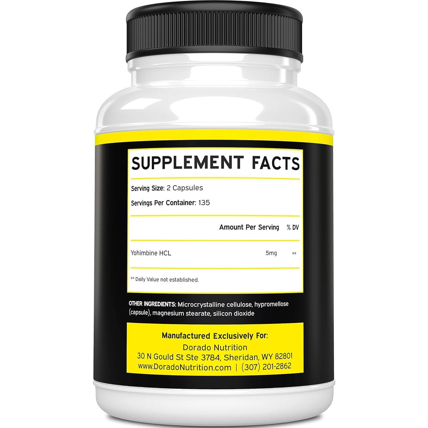 Yohimbina HCL 5mg Dorado Nutrition 270 Cápsulas Veganas