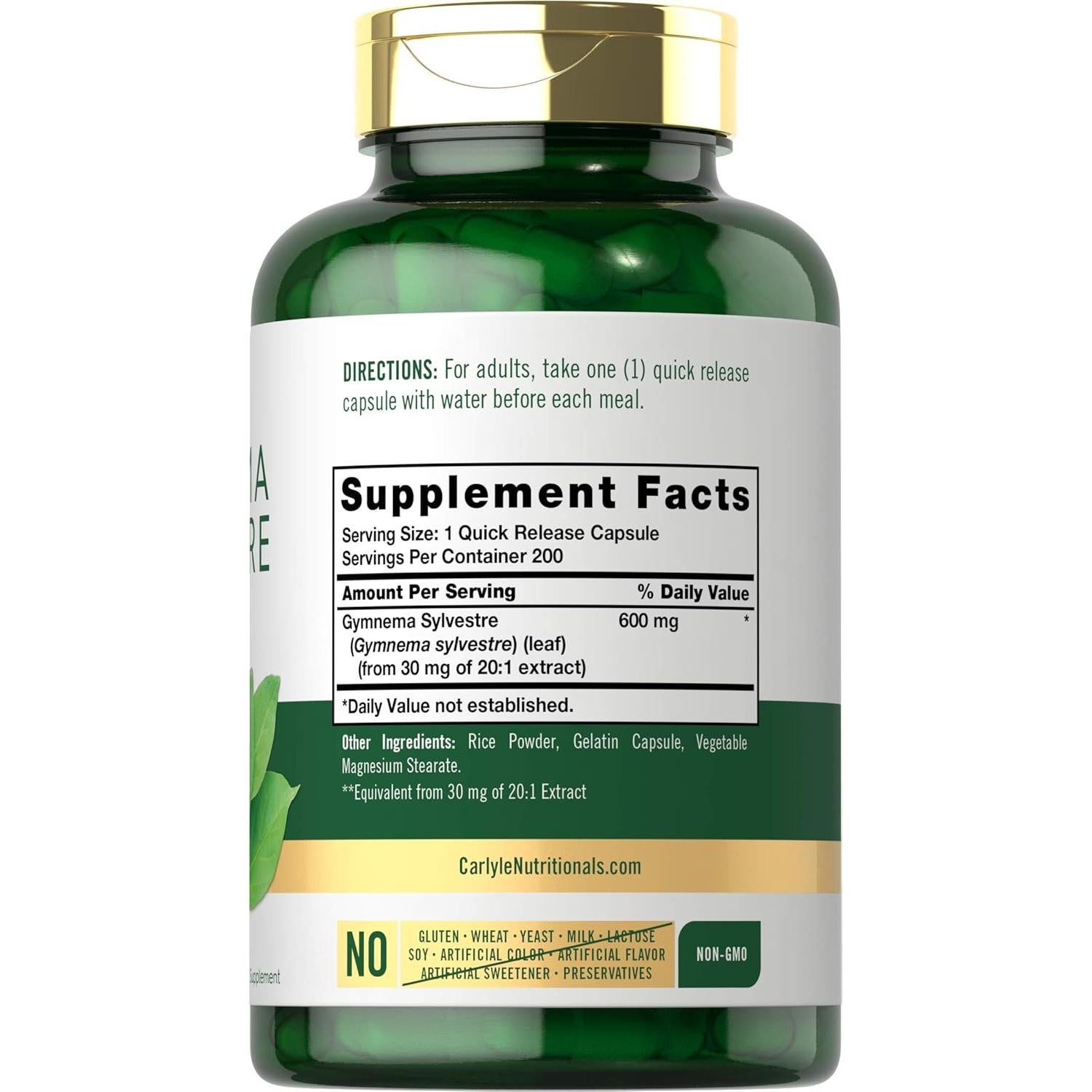 Cápsulas de Gymnema Sylvestre Carlyle 600mg 200 Conteo Suplemento