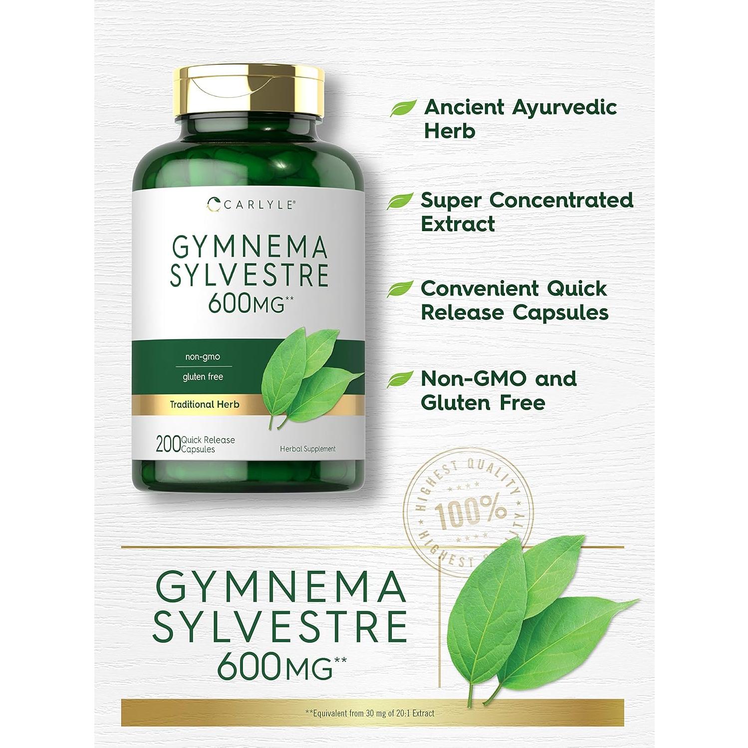 Cápsulas de Gymnema Sylvestre Carlyle 600mg 200 Conteo Suplemento