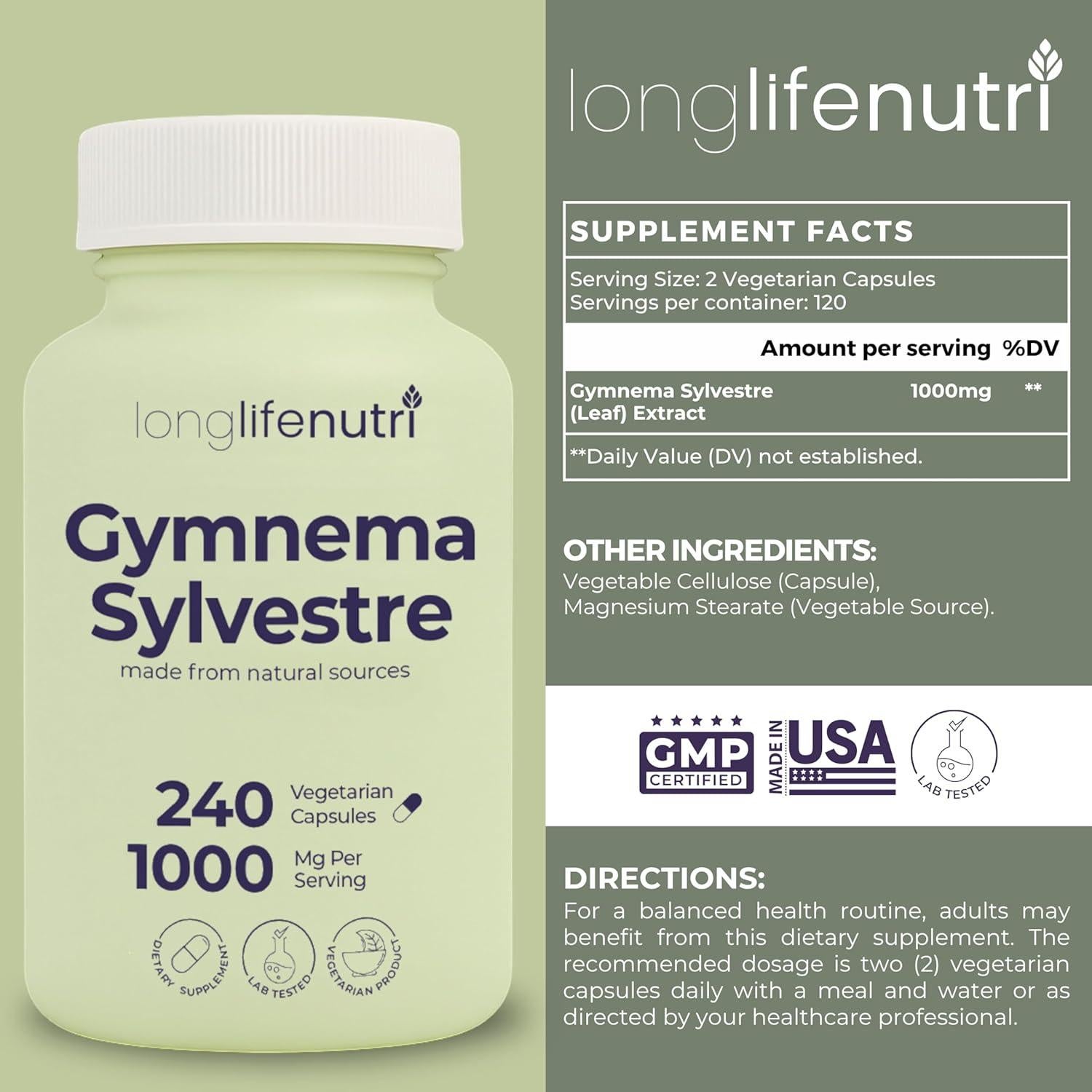 LongLifeNutri Gymnema Sylvestre 1000mg 240 Cápsulas Veganas