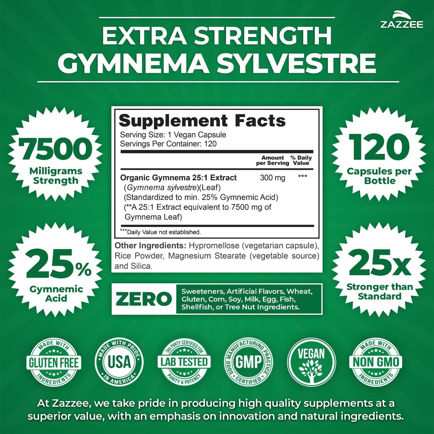 Extracto de Gymnema Sylvestre Orgánico Zazzee 7500 mg 120 Cápsulas