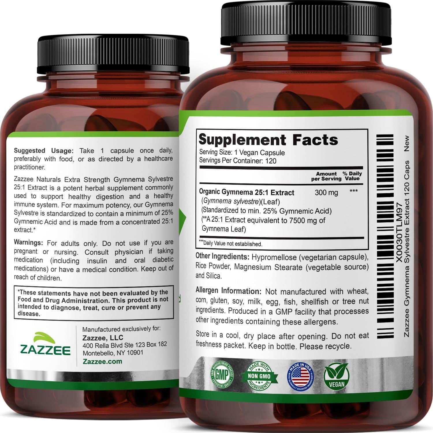 Extracto de Gymnema Sylvestre Orgánico Zazzee 7500 mg 120 Cápsulas
