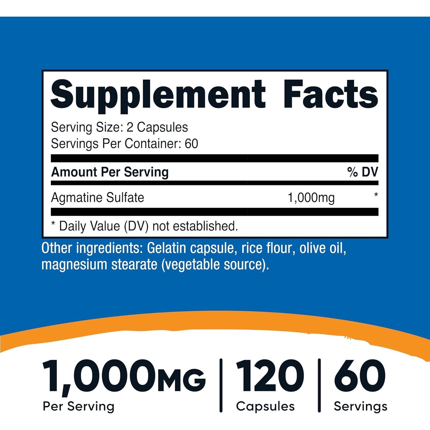 Sulfato de Agmatina Nutricost 1000mg 120 Cápsulas Sin Gluten