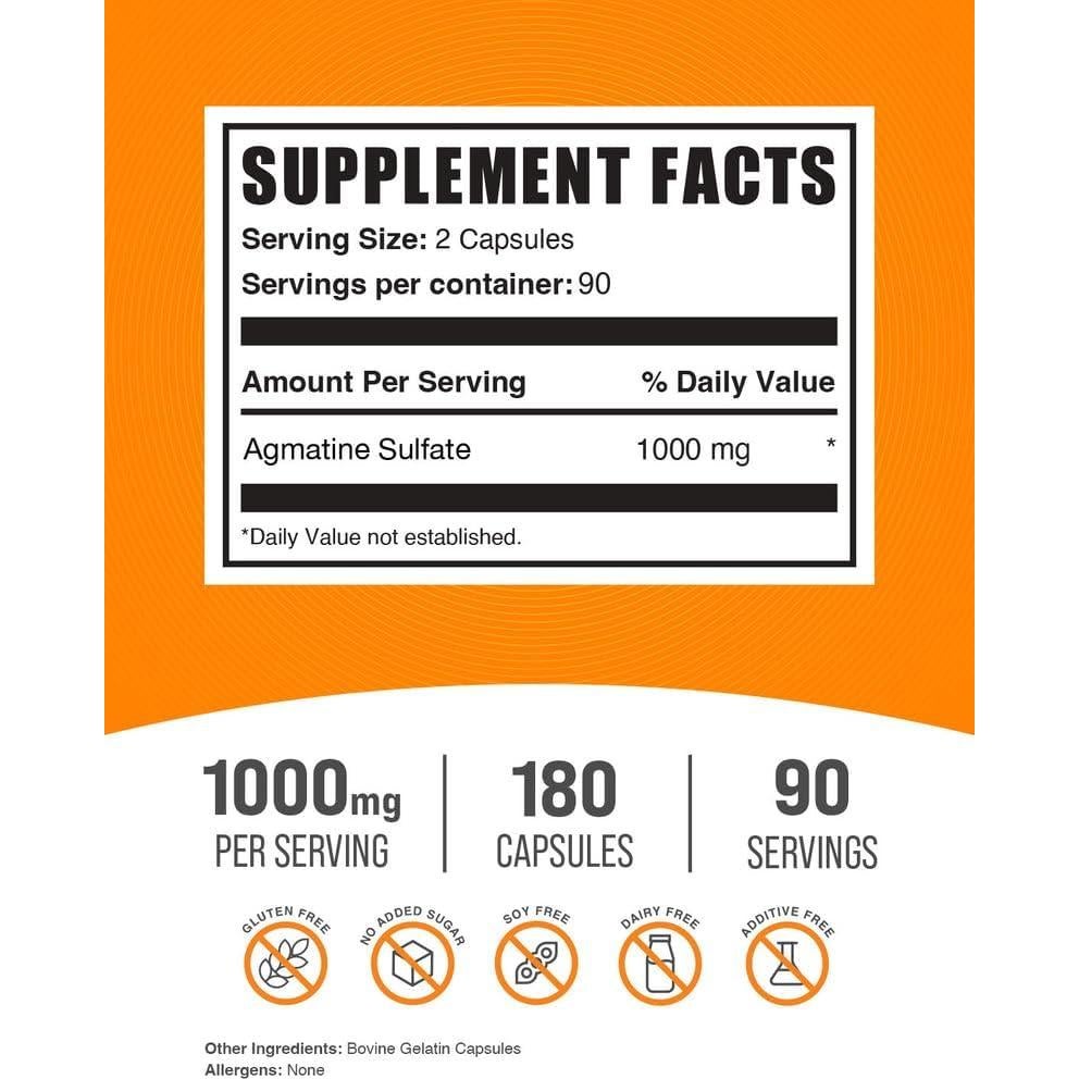Cápsulas de Sulfato de Agmatina BulkSupplements 1000mg 180 Unidades