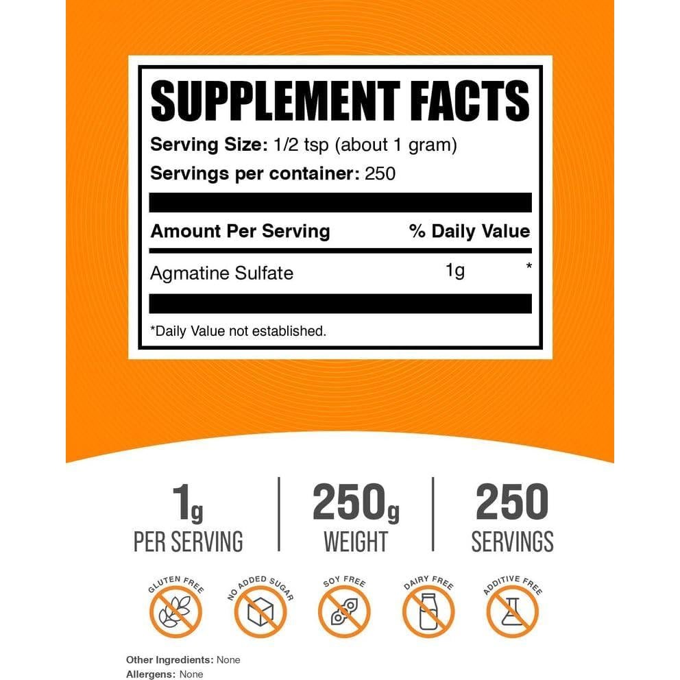 Polvo de Sulfato de Agmatina BulkSupplements 250g - Suplemento Pre Entrenamiento