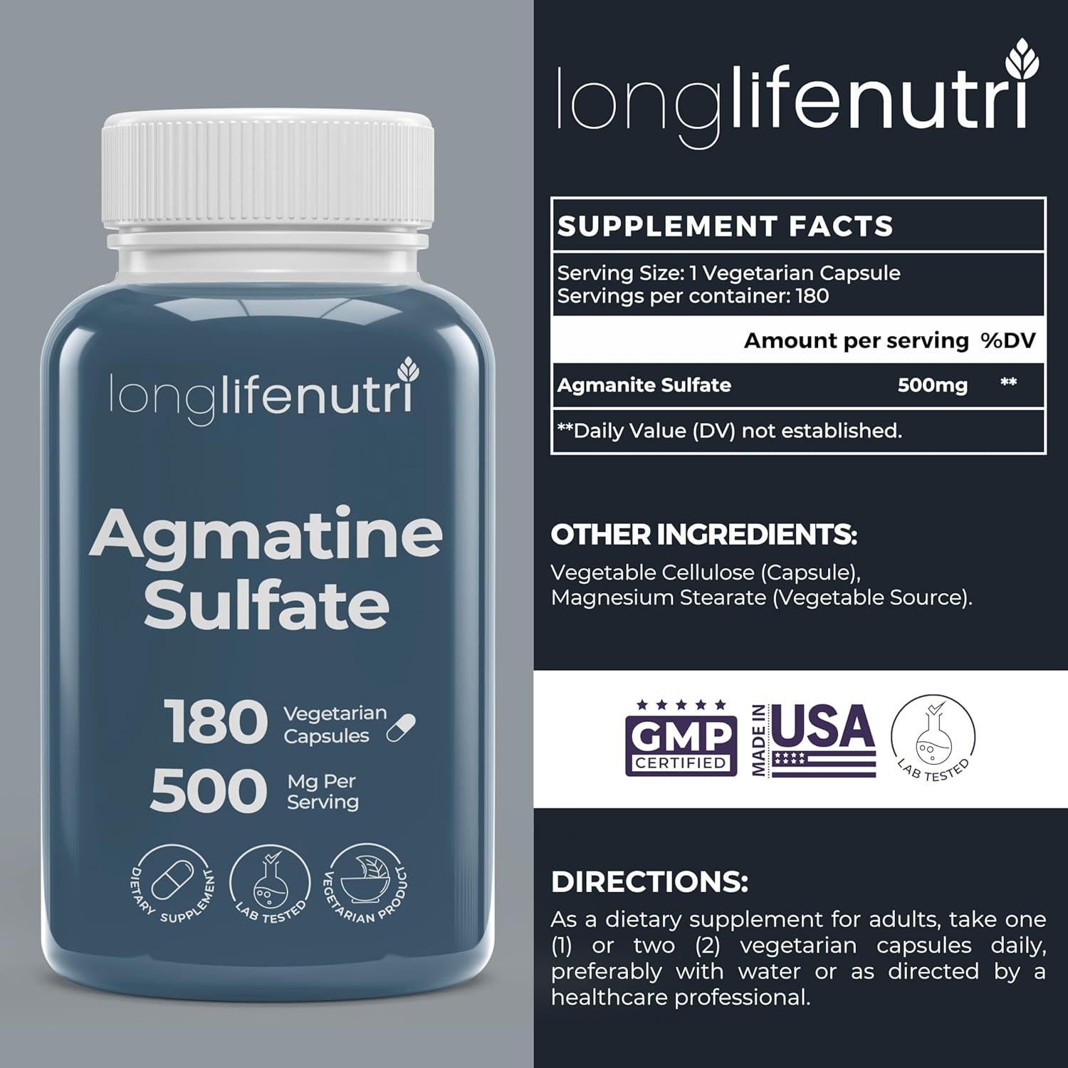 Sulfato de Agmatina LongLifeNutri 500 mg 180 Cápsulas Vegetarianas