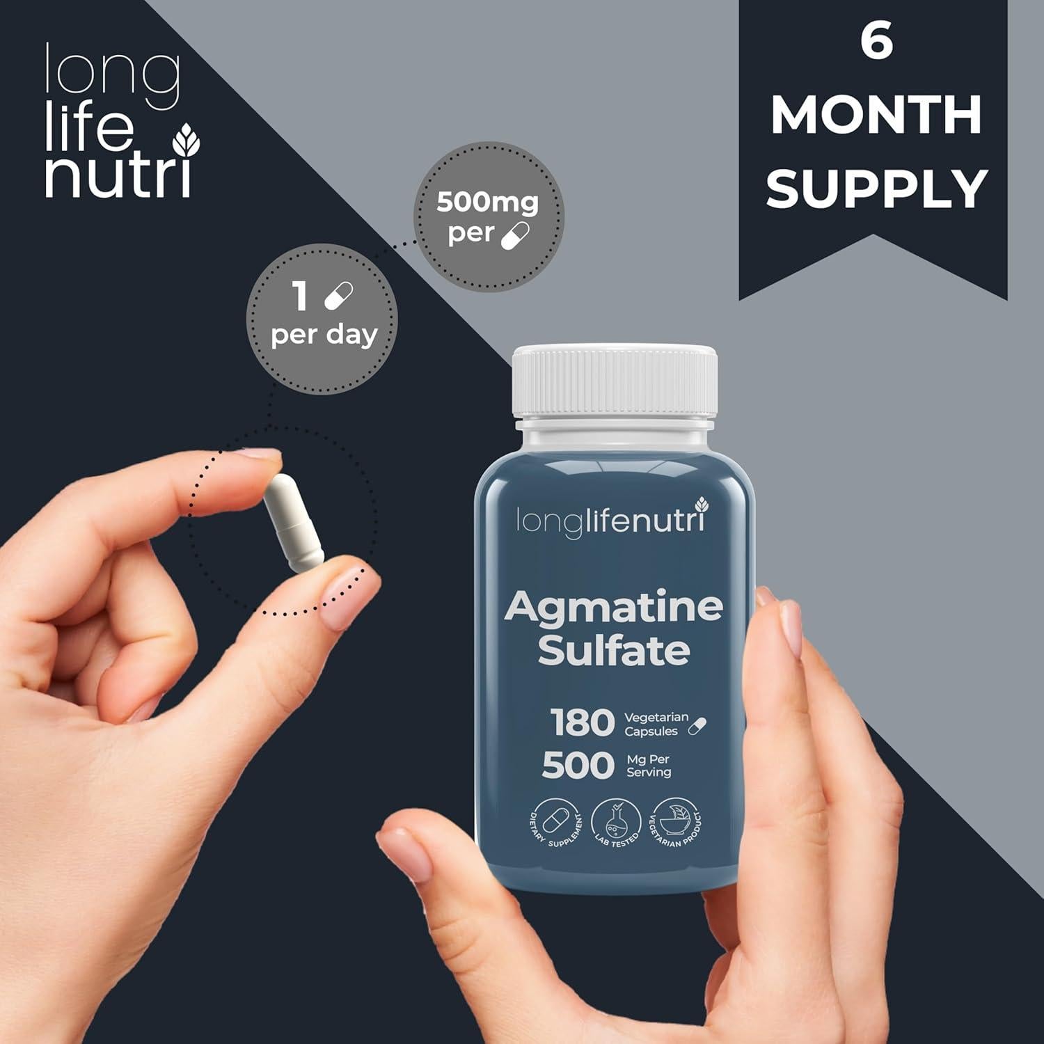 Sulfato de Agmatina LongLifeNutri 500 mg 180 Cápsulas Vegetarianas