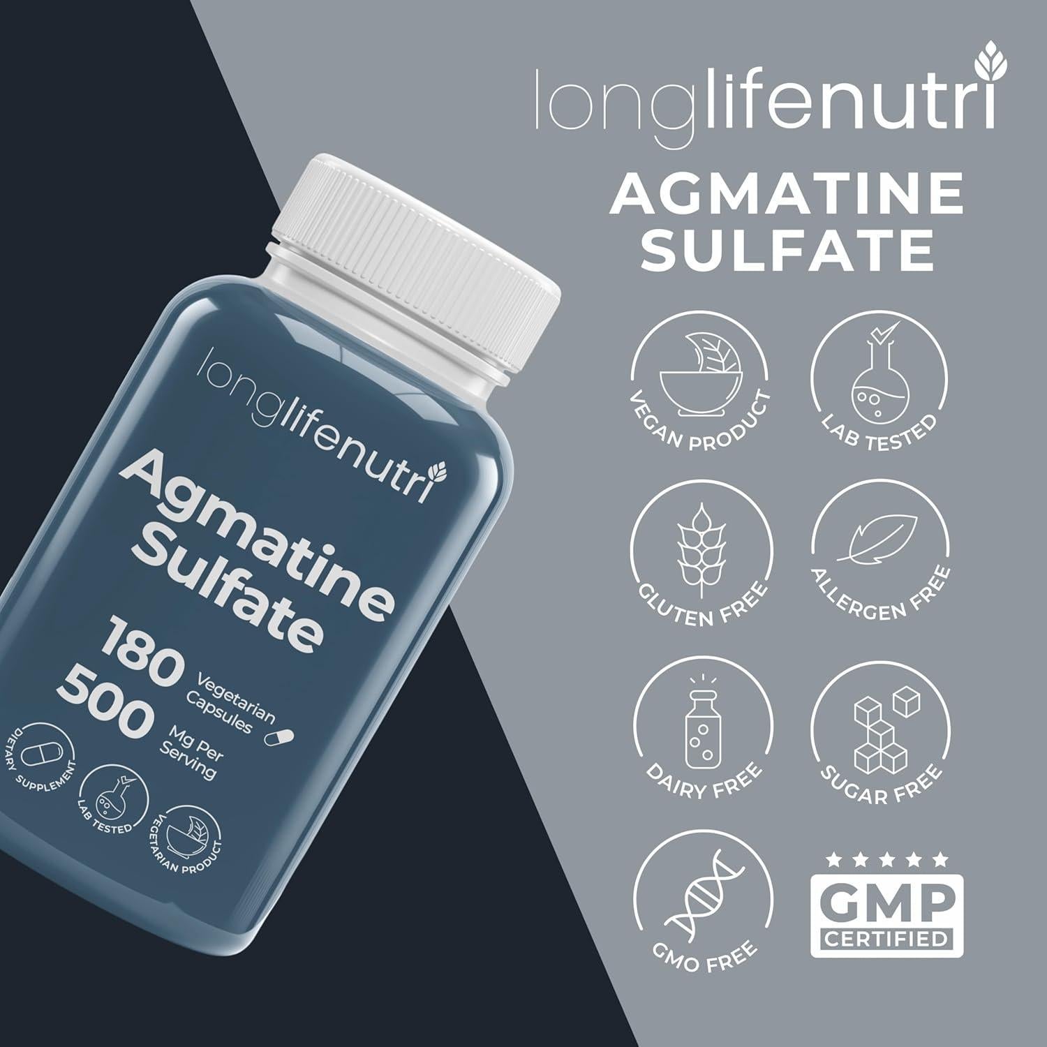 Sulfato de Agmatina LongLifeNutri 500 mg 180 Cápsulas Vegetarianas