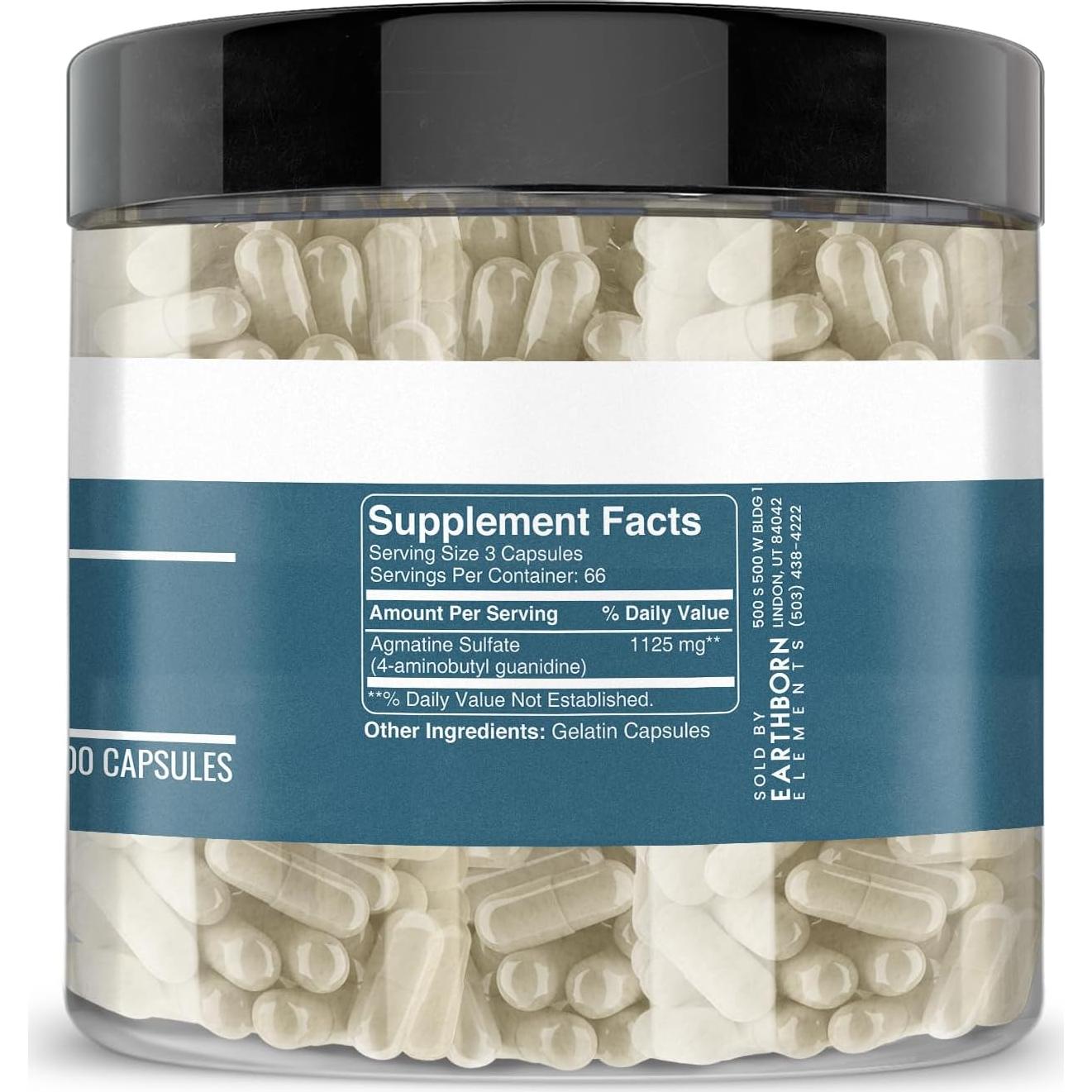 Sulfato de Agmatina Earthborn Elements 200 Cápsulas Puras