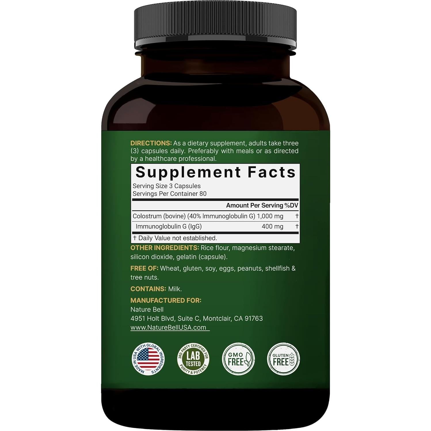 Suplemento Calostro Bovina NatureBell 1000mg 240 Cápsulas