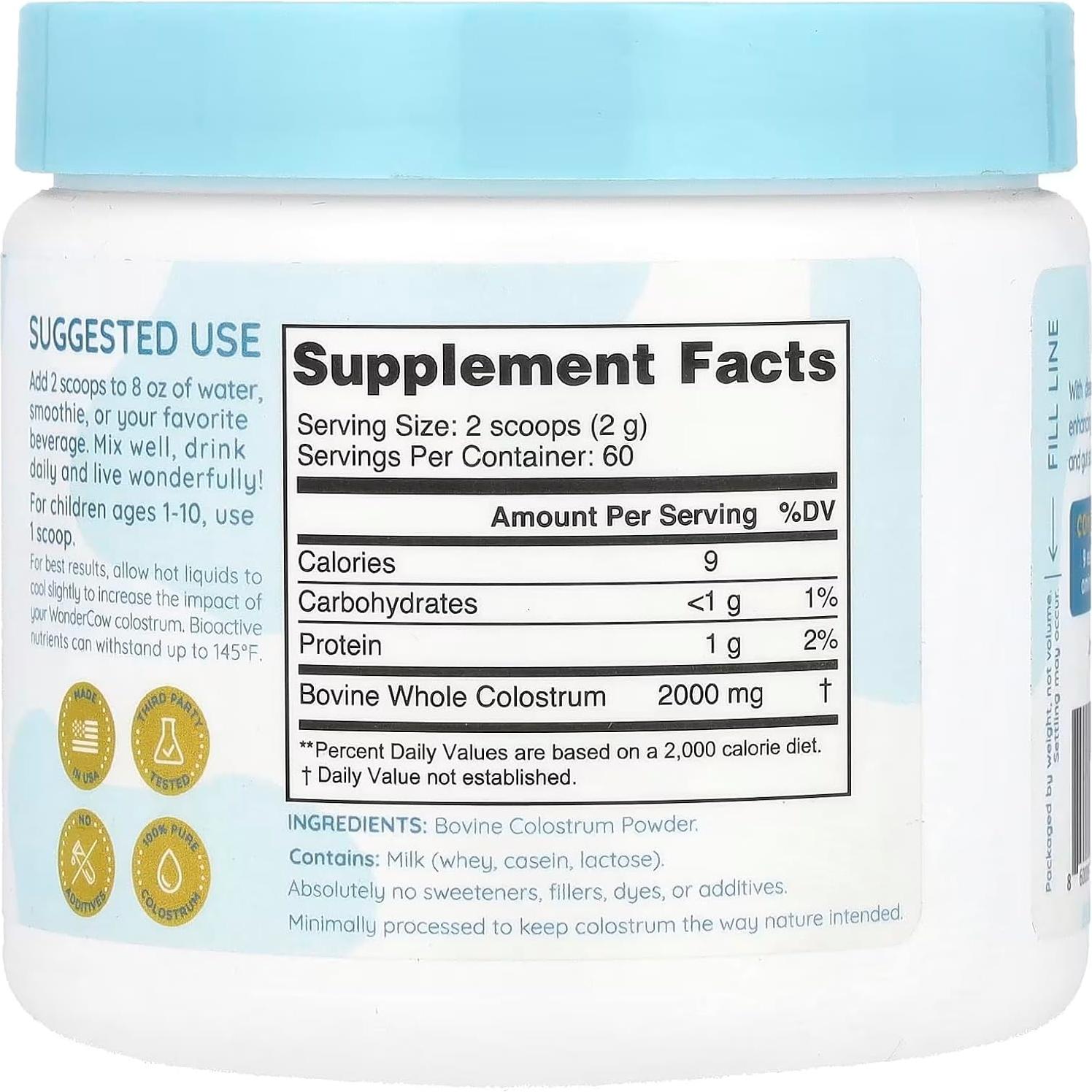Suplemento de Colostro en Polvo WonderCow 60 Porciones Sin Sabor
