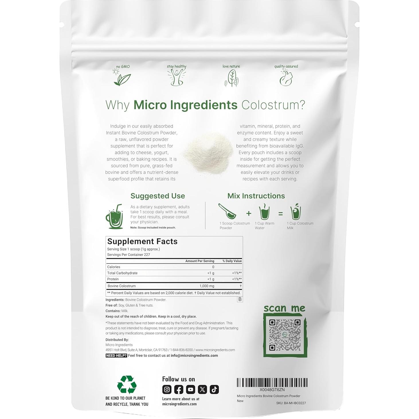 Polvo de Calostro Bovino Micro Ingredients 227 g | Sin Gluten