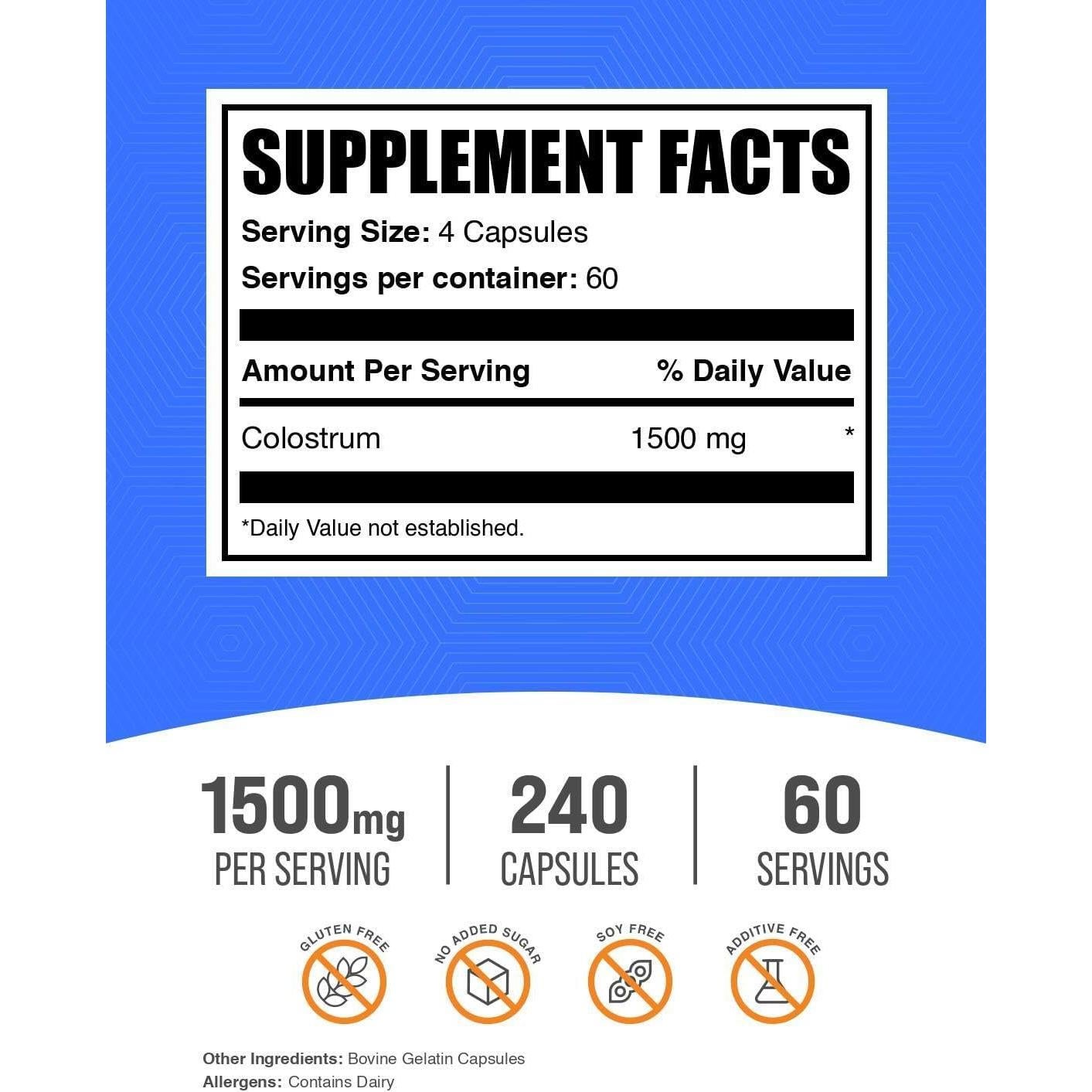 Cápsulas de Calostro Bovino BulkSupplements 240 Unidades Sin Gluten