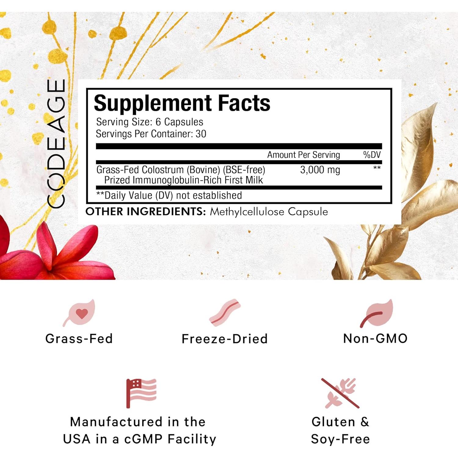 Suplemento de Colostro Codeage 180 Cápsulas - No OGM, Sin Gluten