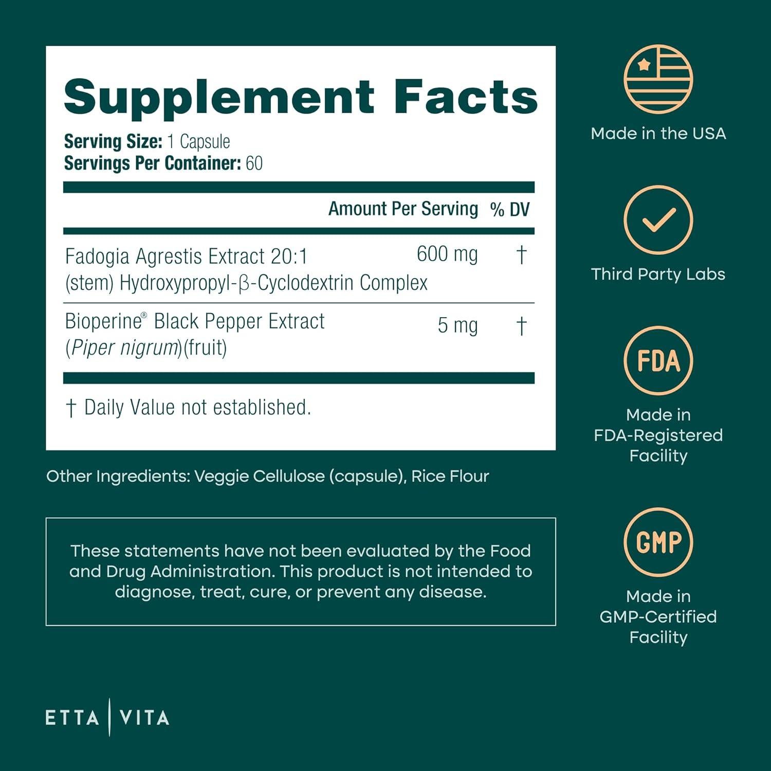 Fadogia Agrestis 600mg Etta Vita - Suplemento Natural Testosterona