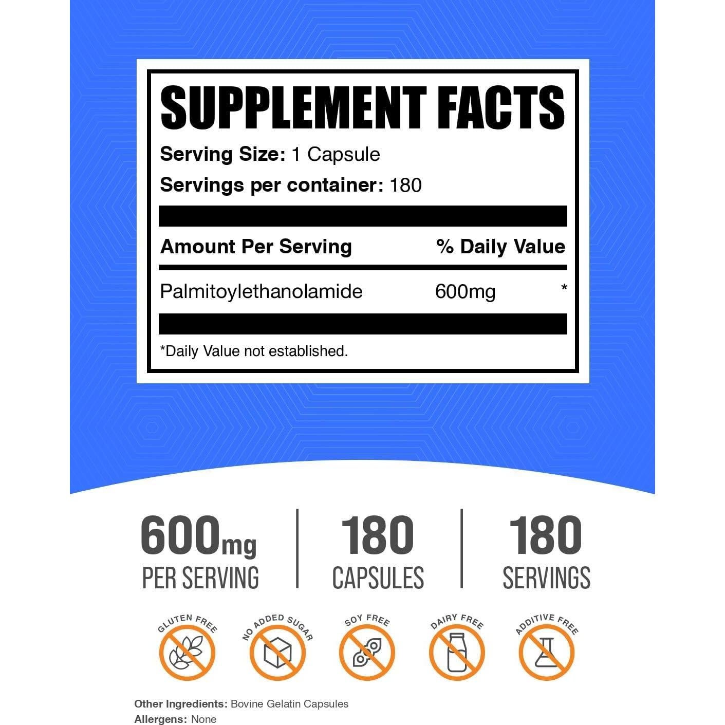 Cápsulas de Palmitoiletanolamida BulkSupplements 600mg - 180 Unidades