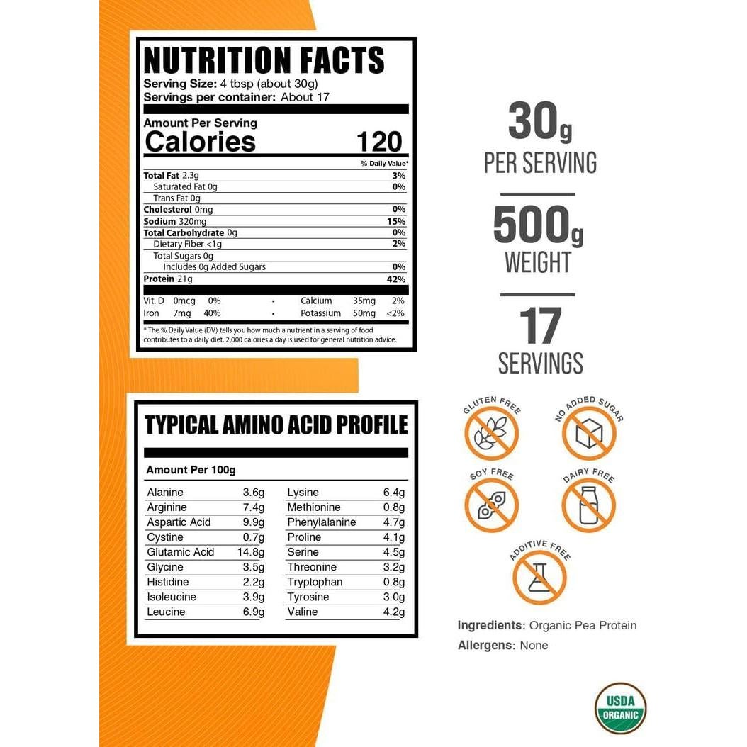 Proteína de Guisante Orgánica BulkSupplements 500g Sin Sabor