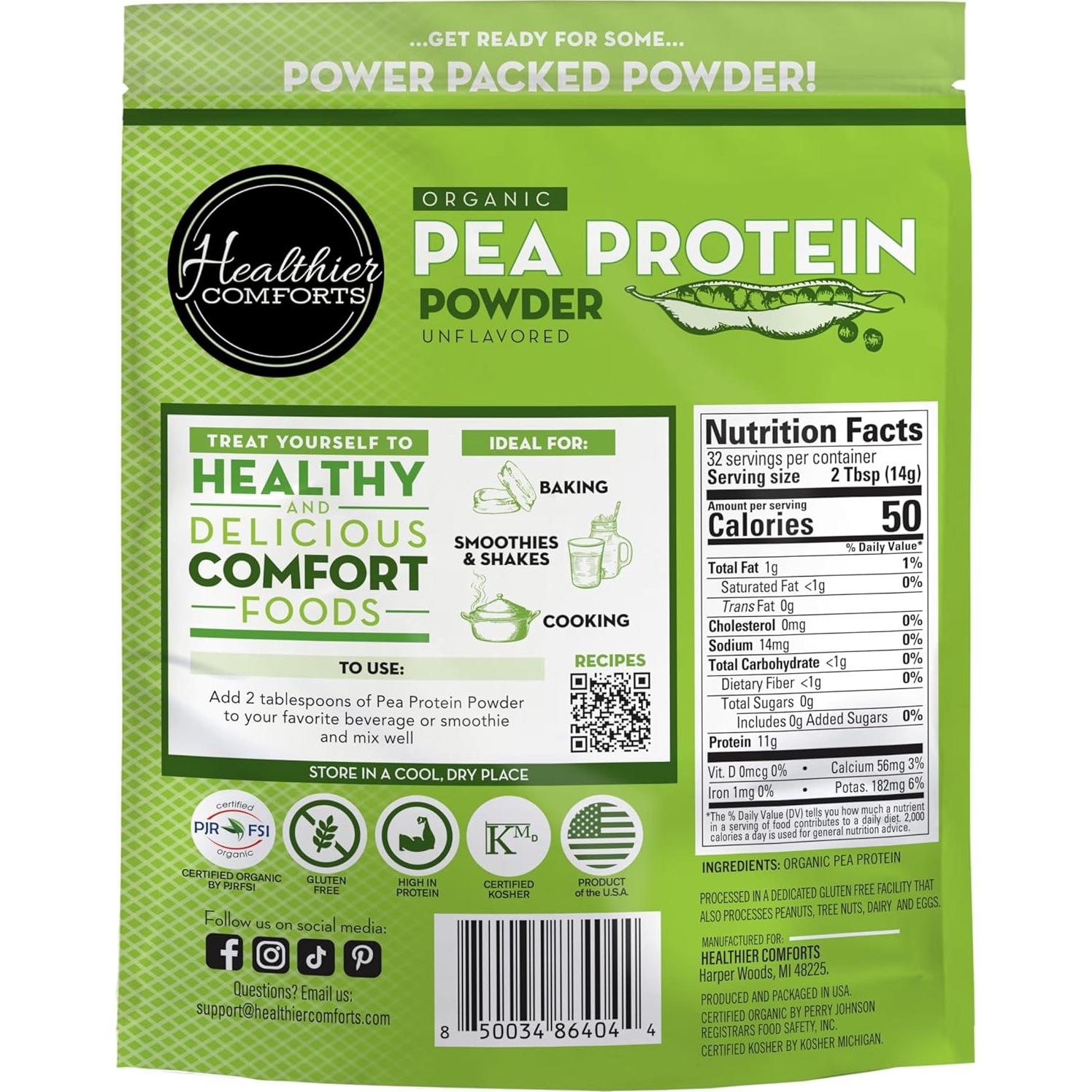 Polvo de Proteína de Guisante Healthier Comforts 0.45 kg - Vegano, Sin Sabor, Bajo en Sodio
