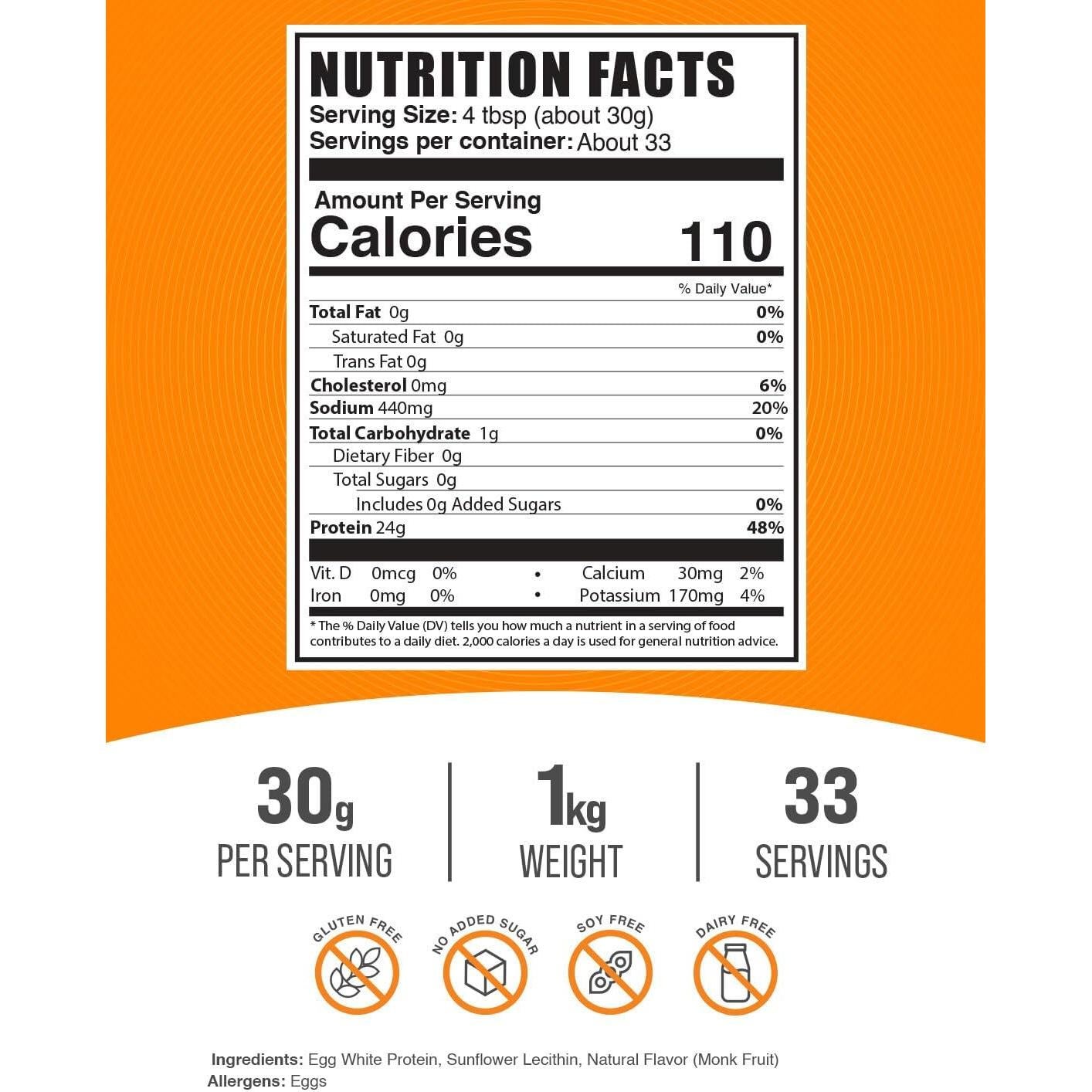 Polvo de Proteína de Clara de Huevo BulkSupplements 1kg Sin Sabor