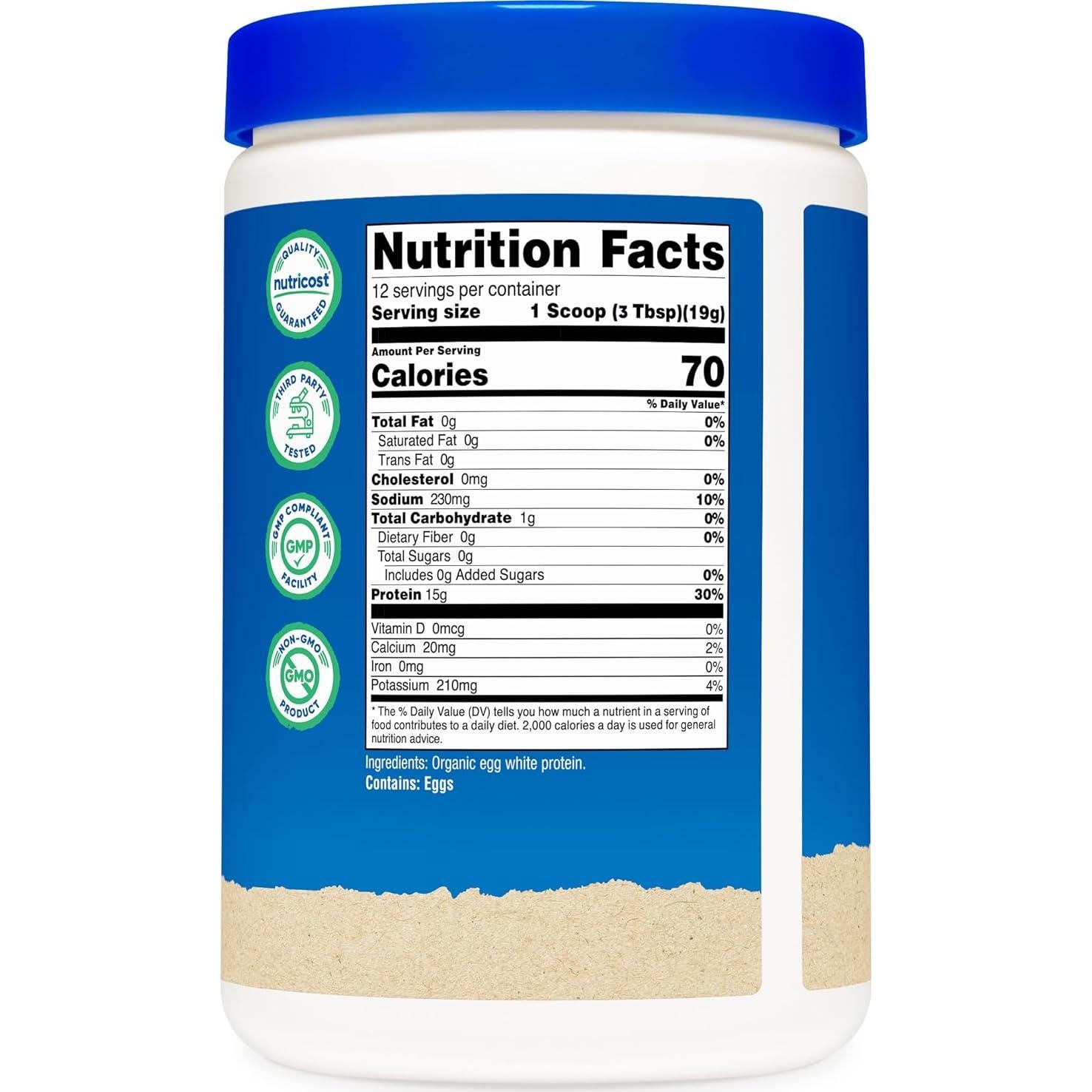 Proteína en Polvo de Clara de Huevo Orgánica Nutricost 227g - 15g por Porción, Sin Gluten