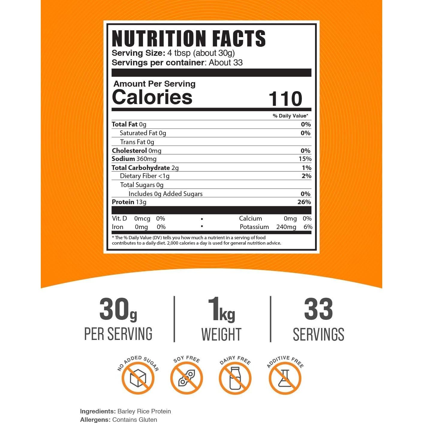 Polvo de Proteína de Arroz de Cebada BulkSupplements 1kg Vegano