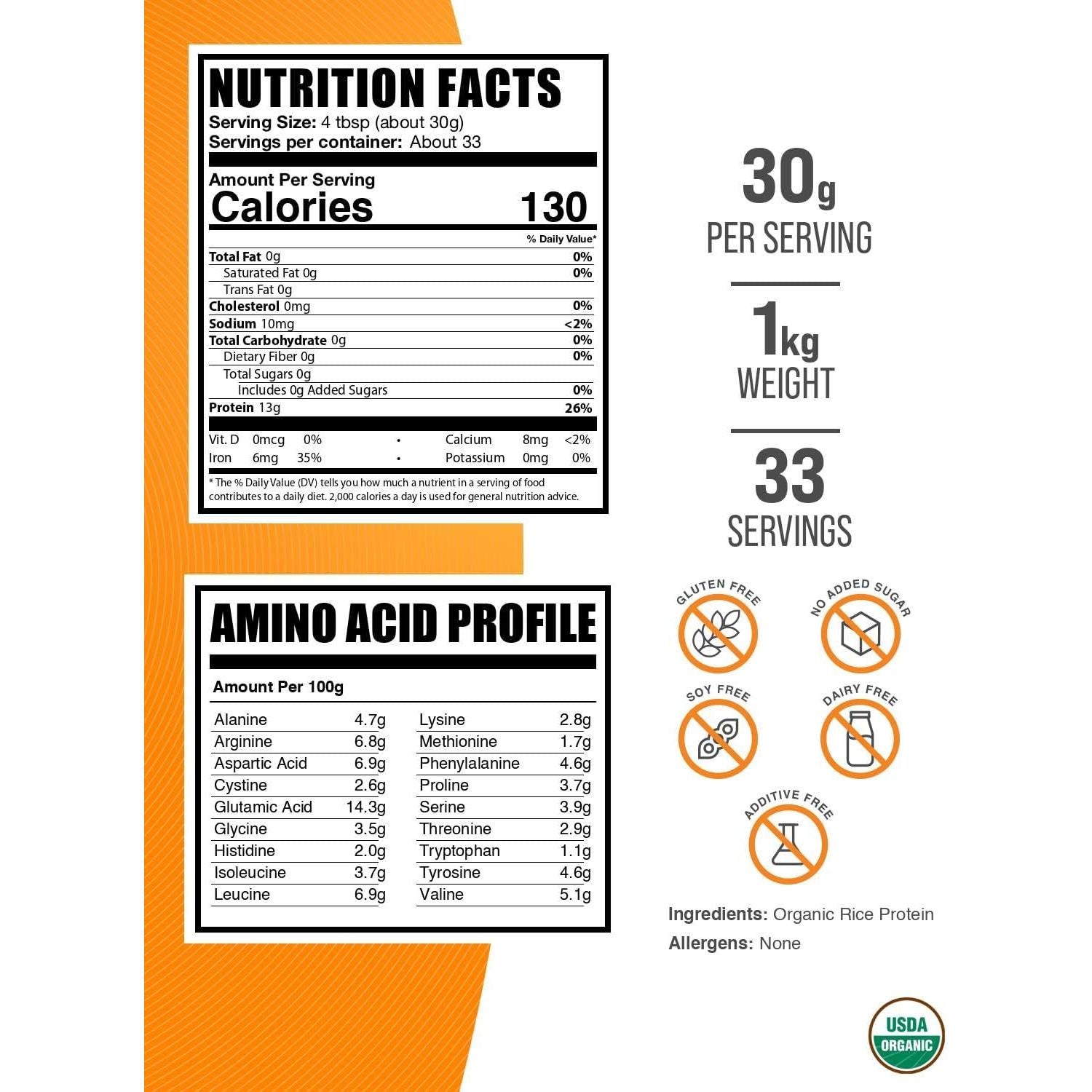 Proteína de Arroz Orgánico BulkSupplements 1kg Vegana Sin Sabor