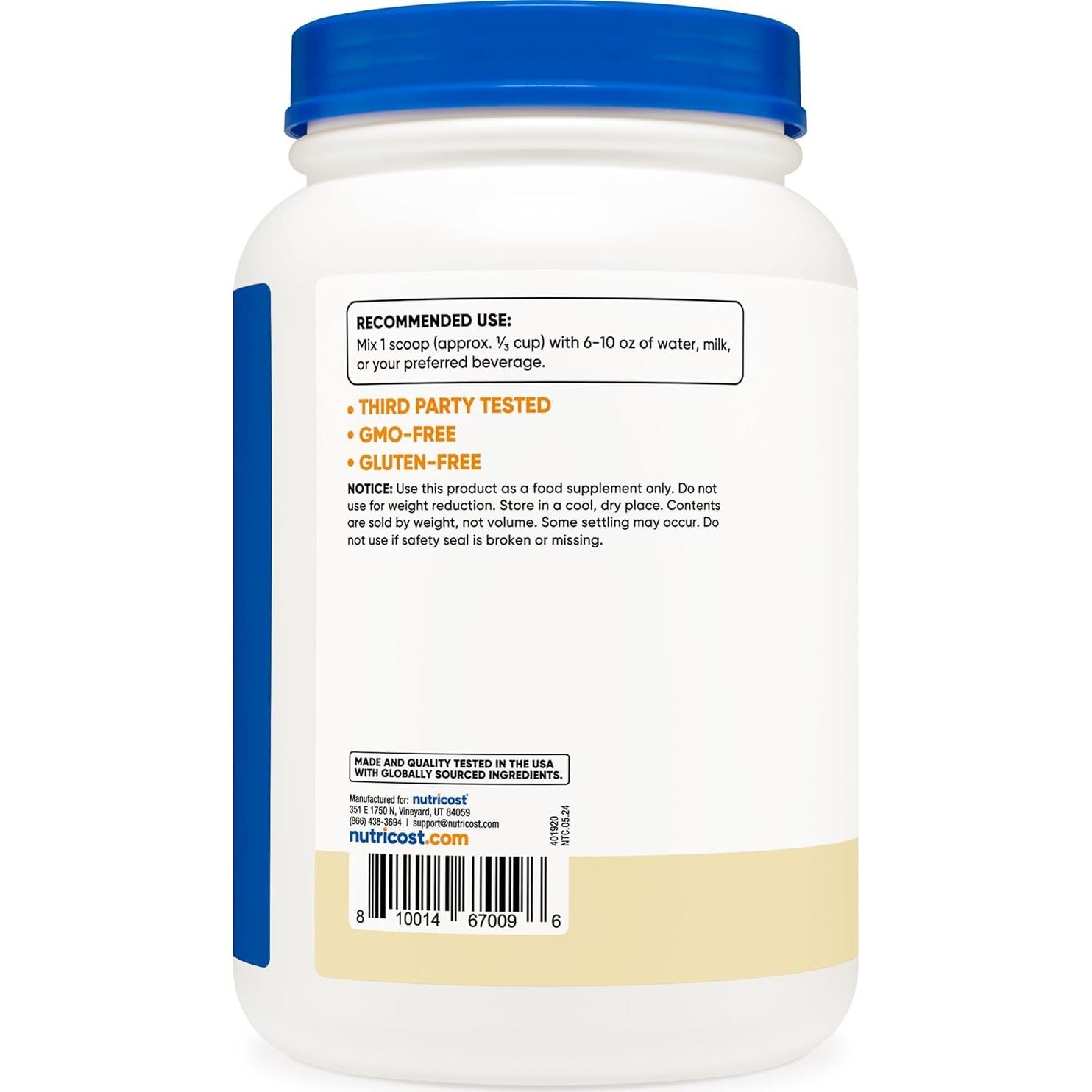 Proteína de Caseína Micelar Nutricost 0.91kg Vainilla Sin Gluten